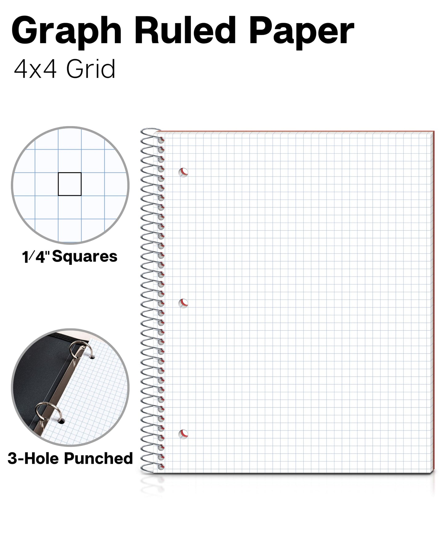 Dunwell Graph Paper Notebook 8.5 x 11 (Red) Plastic Cover, 100 Sheets (200 Pages), 4x4 Squares, 1 Subject Graph Paper Spiral Notebook, 1/4" Grid