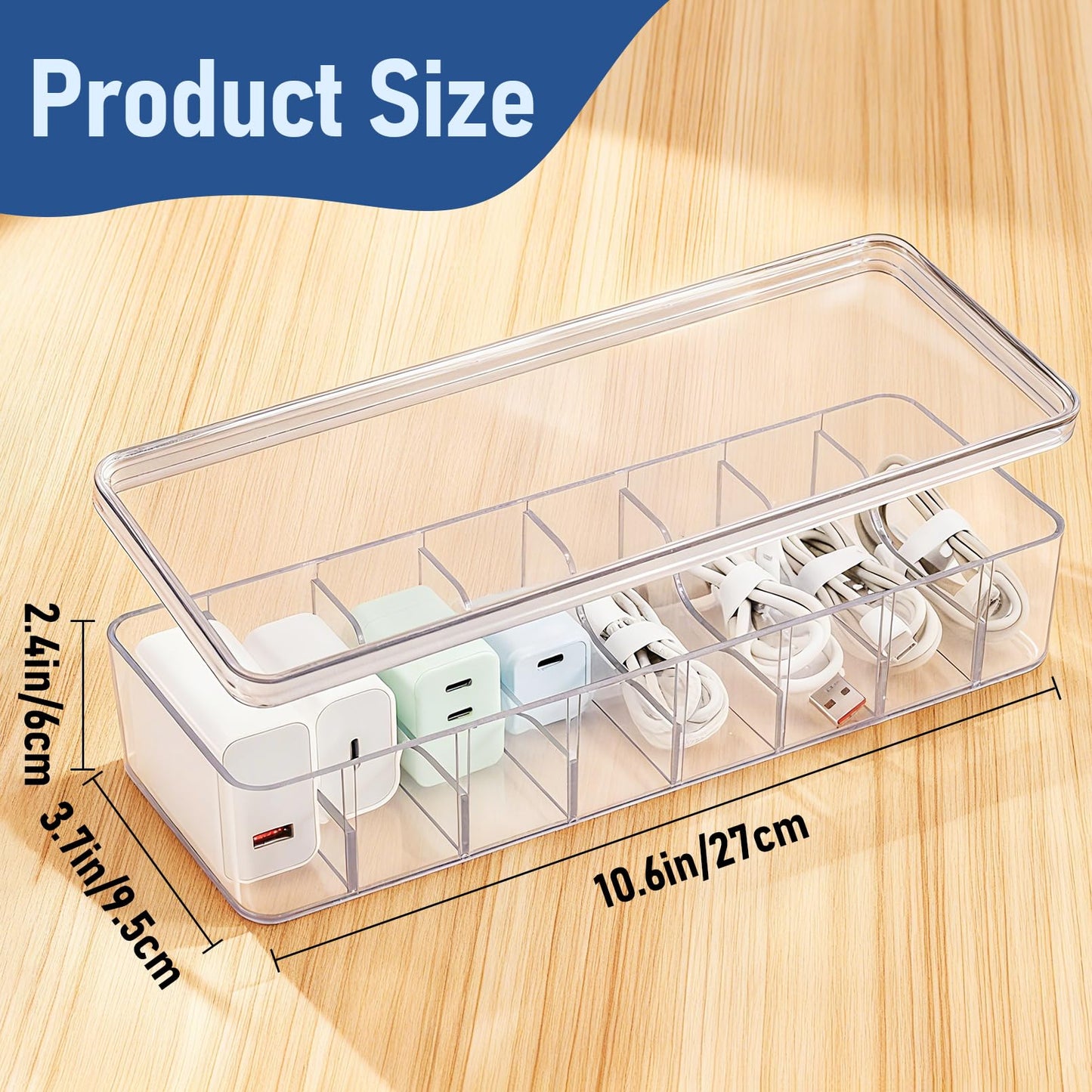 PIEMEET 4 Pack Cable Organizer Box, Plastic Cord Storage Box with Lid, Clear Cord Organizer with 8 Compartments and 40 Wire Ties, Charger Organizers