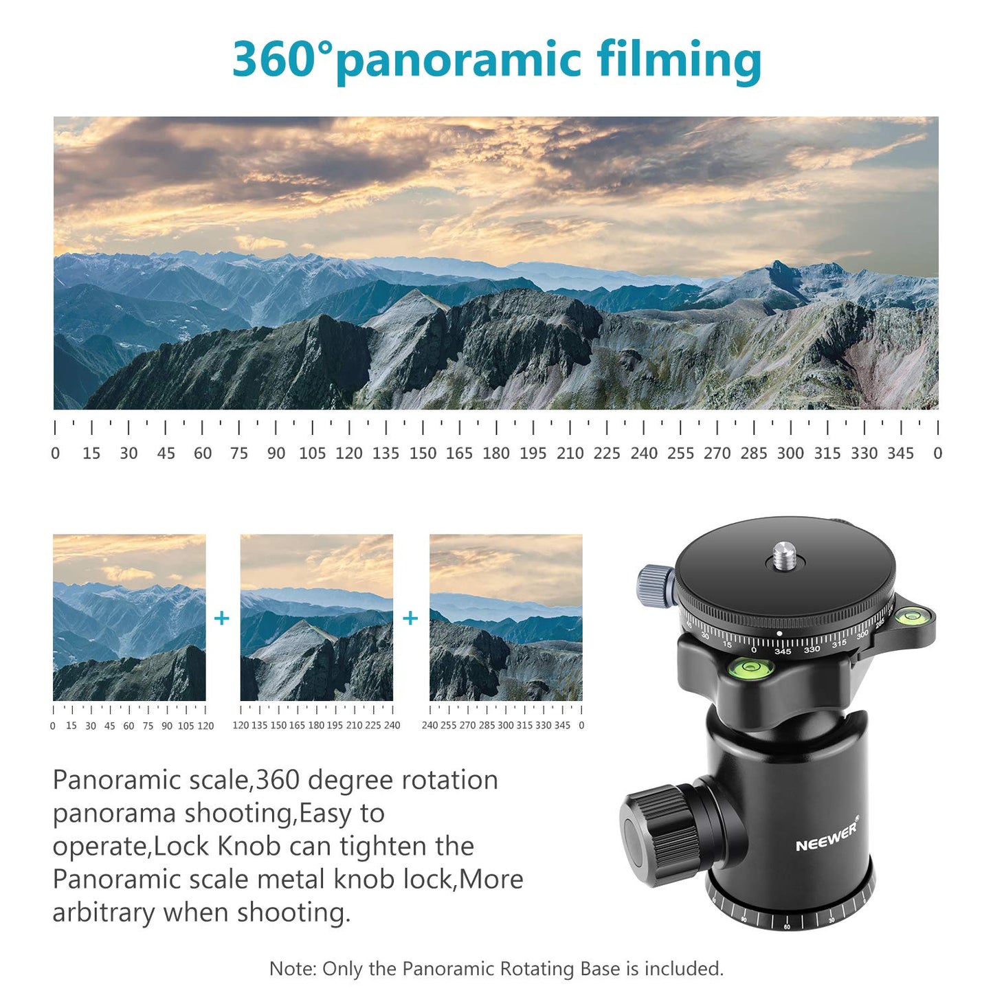 Neewer Camera Panoramic Panning Base with Style Plate, 3/8-inch Screw Aluminum Alloy Panorama Ball Tripod Head with Bubble Level for Tripod Monopod