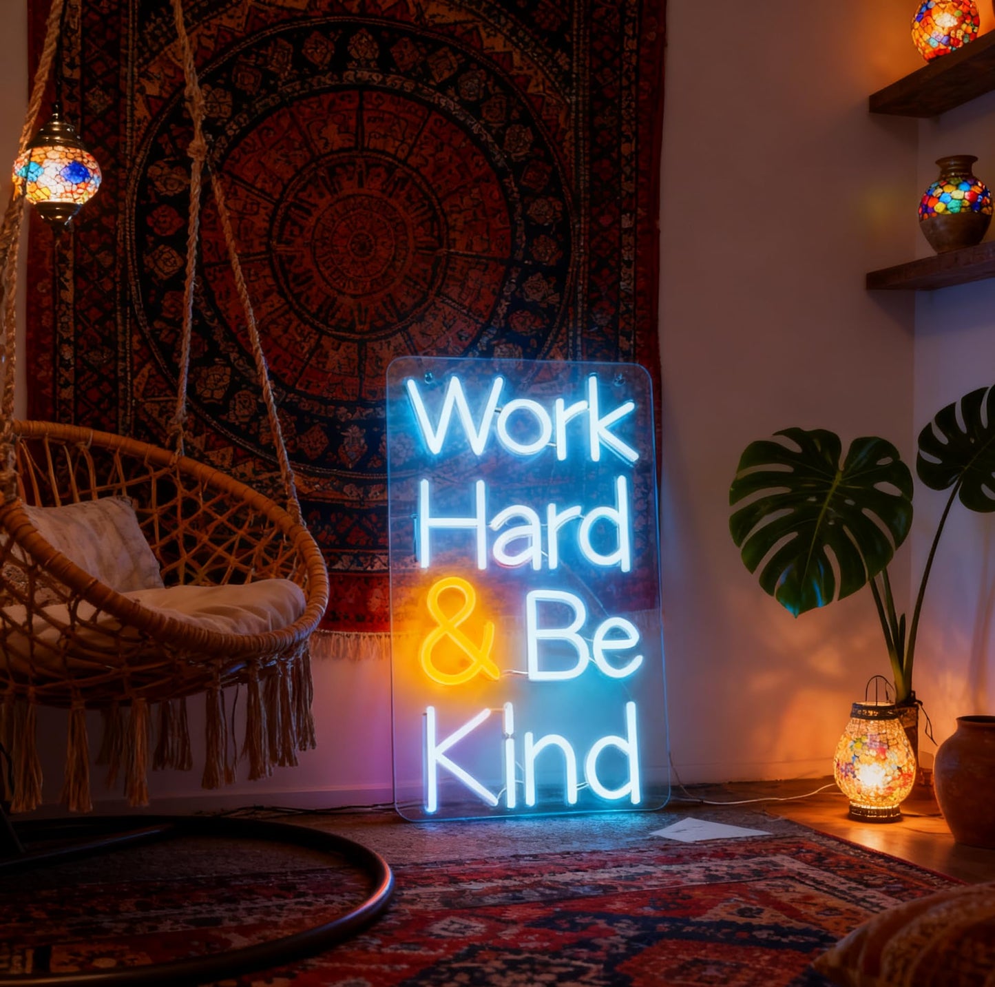Work Hard Be Kind Neon Sign, Inspirational Quote Light Up Sign, Office Home Bedroom Living Room Workspace Gift Wall Table Decor USB Powered Dimmable