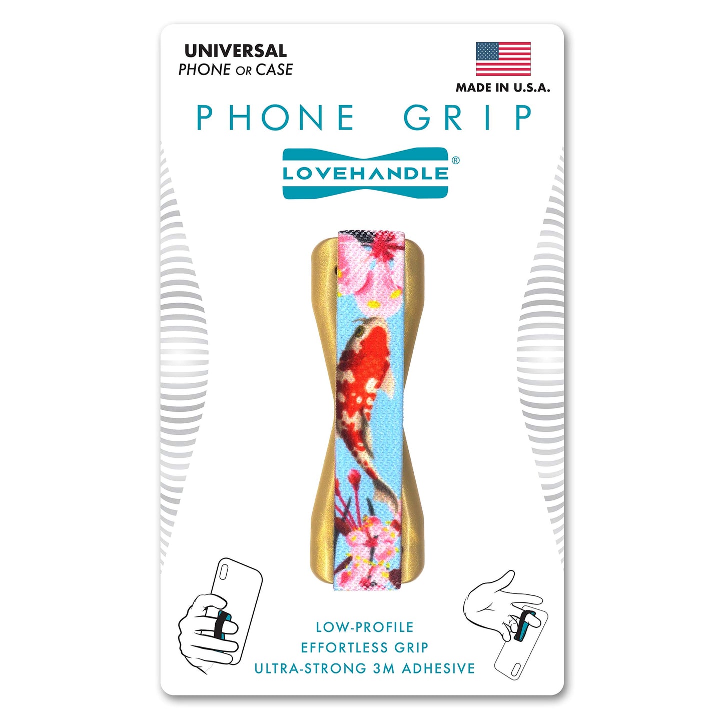 LOVEHANDLE Universal Phone Grip for Smartphones & Mini Tablets - Phone Holder for Hand - Wireless Charging Compatible - Made in The USA - KOI