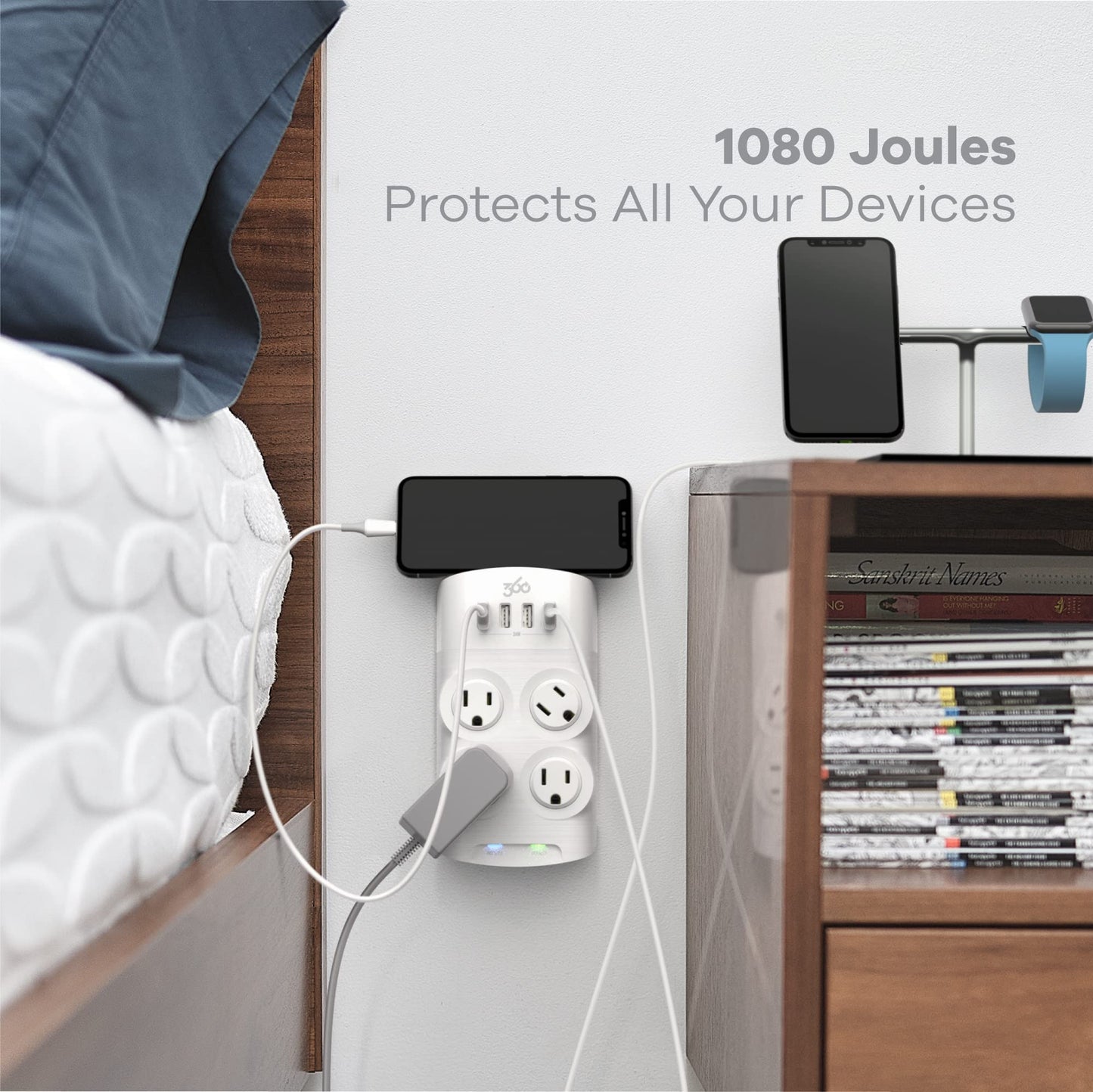 360 Electrical Revolve Wall Tap Power Surge Protector with 4 USB Ports, 4 24 W Rotating Outlets, Multi Plug Outlet Splitter, Adapter for Electric Wall