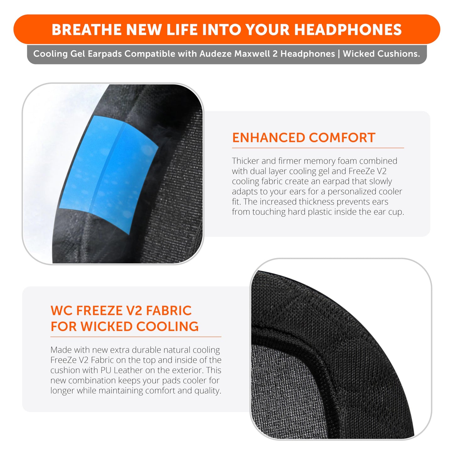 WC Freeze Maxwell 2 - Cooling Gel Replacement Earpads Compatible with Audeze Maxwell 2 Headphones by Wicked Cushions | Freeze V2 Cooling Fabric |