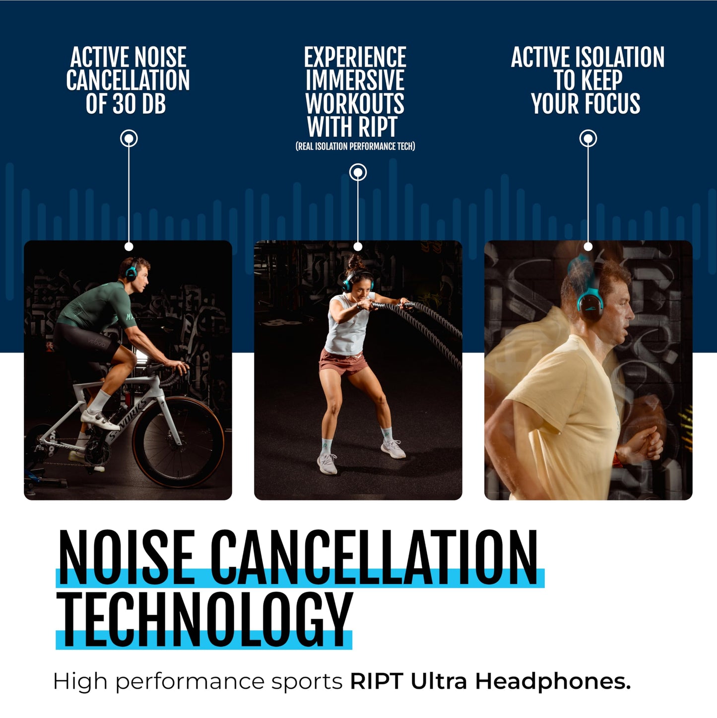 RIPT Ultra Over-Ear Sport Headphones, Active Noise Cancellation and Transparency Mode, 50-Hour Battery Life, 2 Sets of Cushions, Sweat-Proof Silicone…