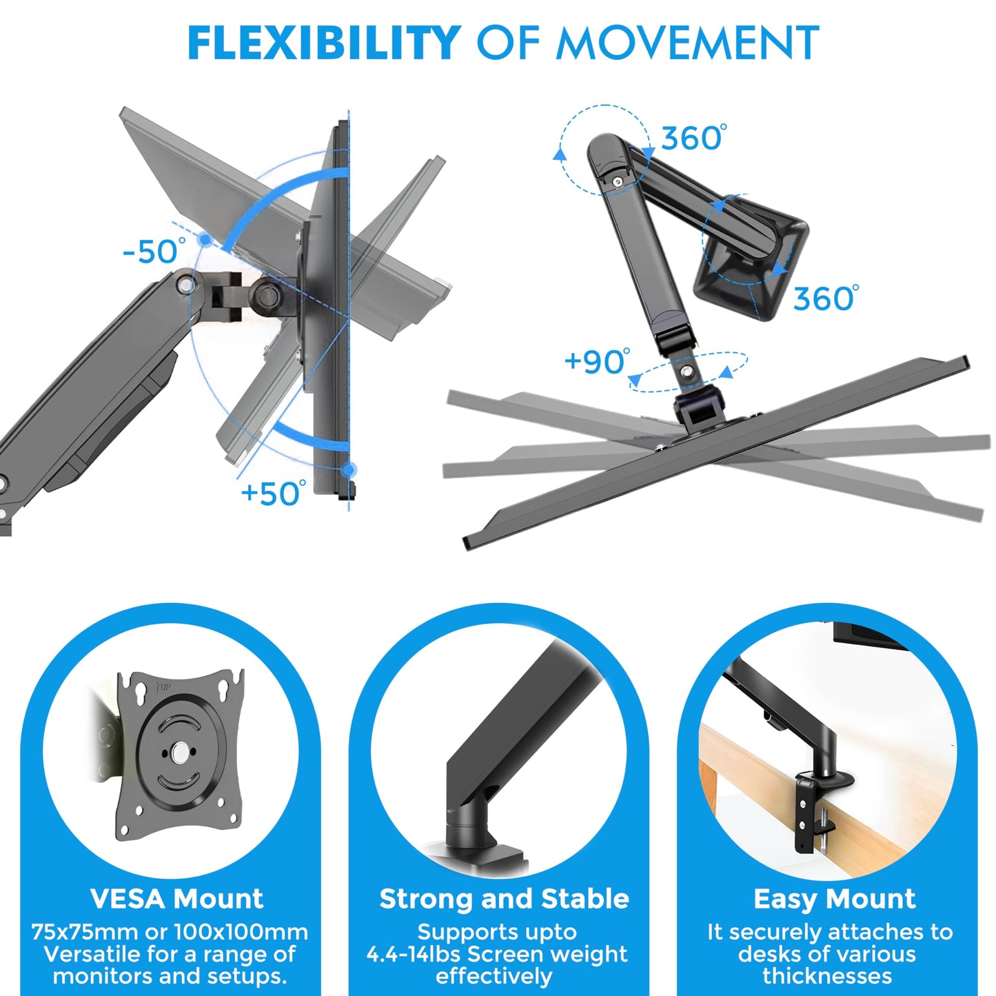 Josphere Monitor Arm, from 13 to 34 Inch Monitors, Fits Upto 22 lbs Screens with Adjustable Gas Spring Arm, Full Motion Monitor Mount for LCD Computer