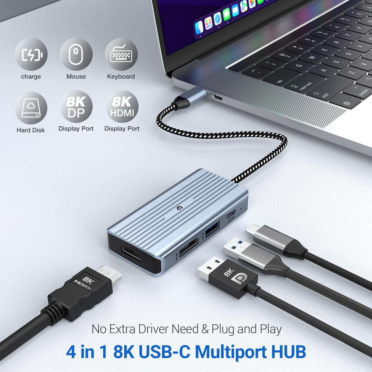 oditton USB C Hub, 4 in 1 USB C Hub, Dual Display 8K@30Hz HDMI 8K@30Hz DP, 100W USB-C PD Charging Port, USB 3.0, 4 Port Docking Station for Laptops
