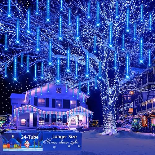Aokudoni Outdoor Christmas Decorations: 24-Tube Meteor Shower Lights 576 LED Snow Falling Icicle Christmas Lights Outdoor for House Tree Yard Garden