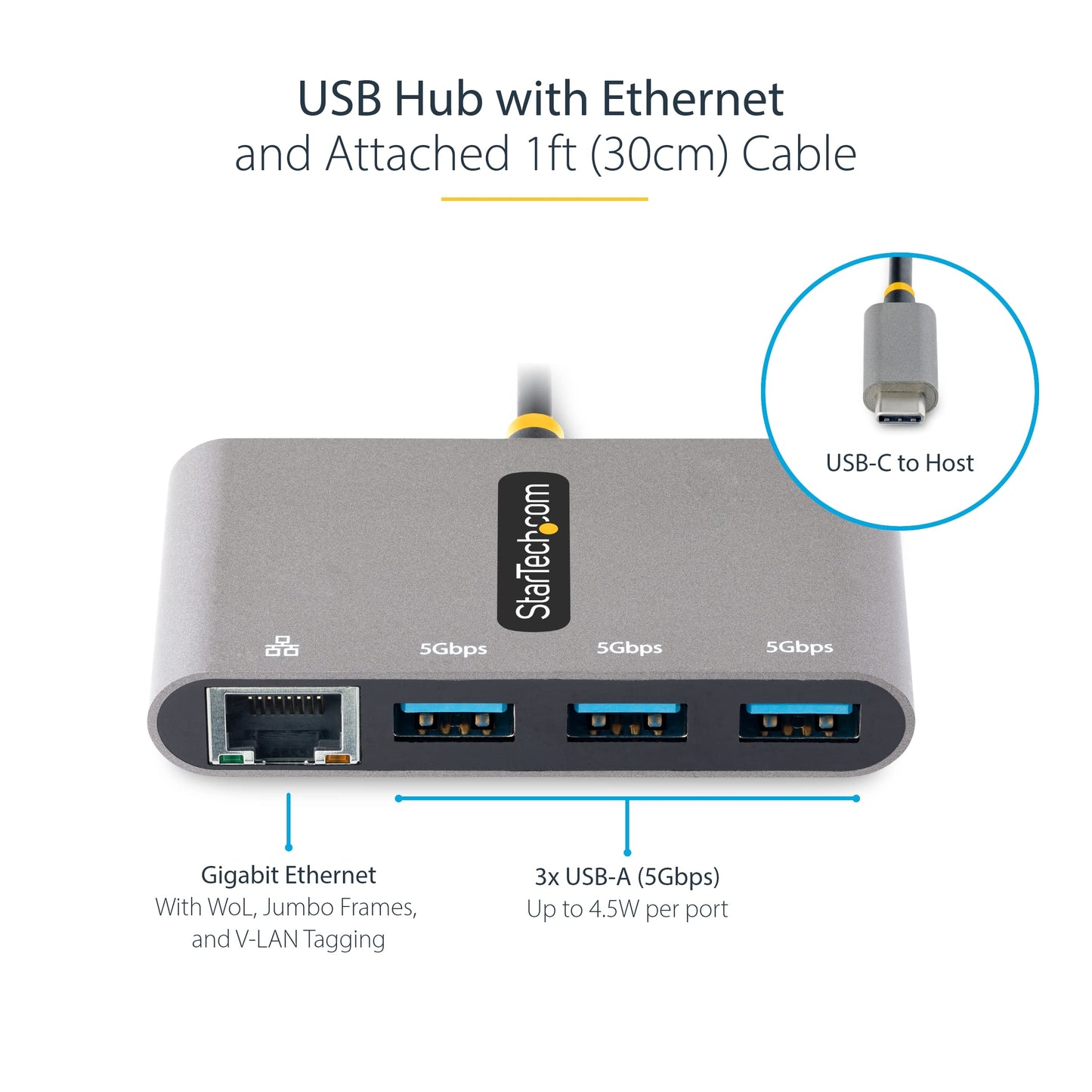 StarTech.com 3-Port USB-C Hub with Ethernet - 3X USB-A - Gigabit Ethernet - USB 3.0 5Gbps - Bus-Powered - 1ft/30cm Long USB Type-C Host Cable - GbE