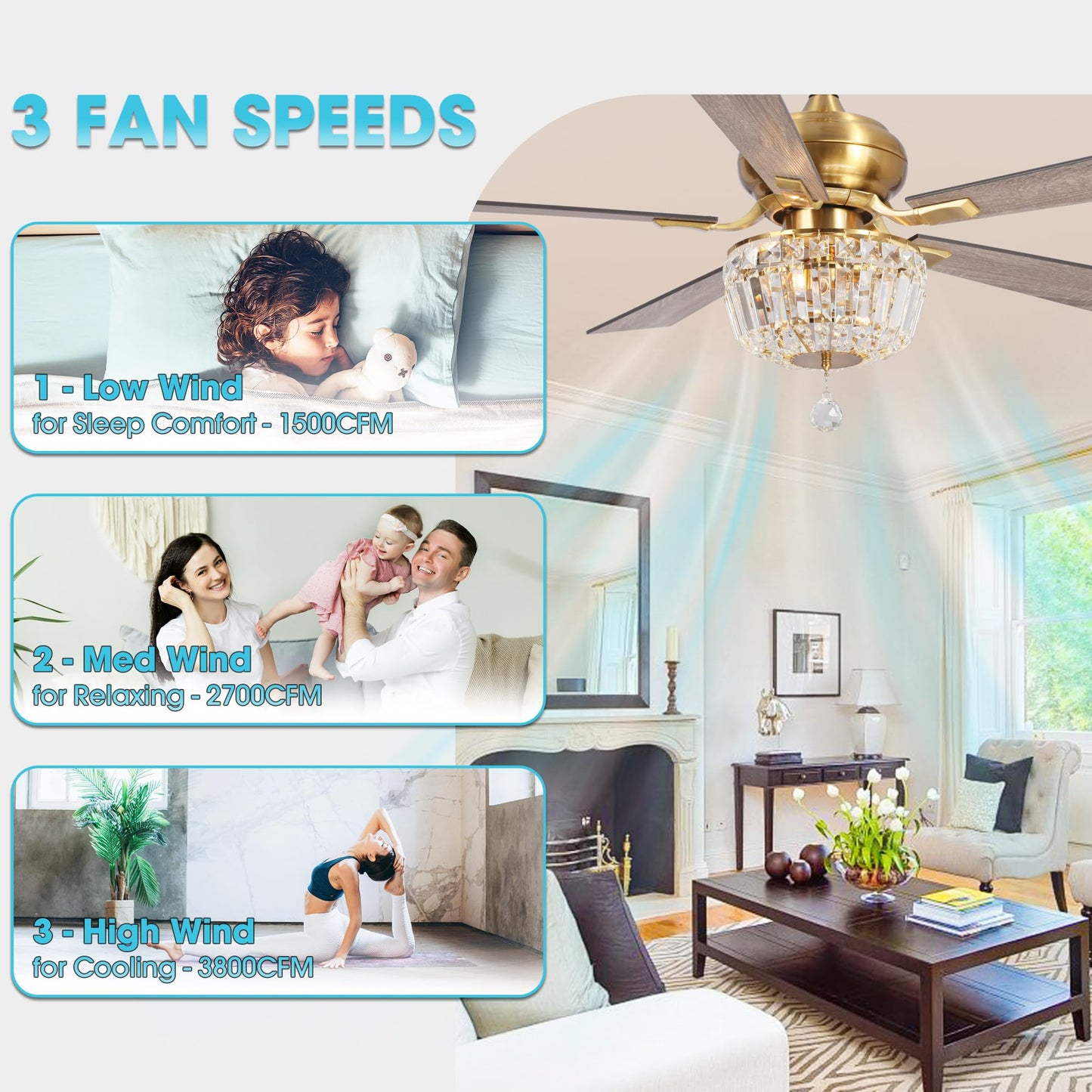 52 Inch Gold Ceiling Fans with Lights and Remote Crystal Chandelier Fan