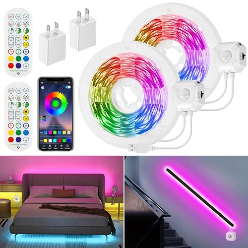 HOUHUI Motion Sensor LED Light Strip, 2x9.8Ft RGB LED Strip Lights Motion Activated Under Bed Lights, App Control Music Sync Strip Lights with Remote
