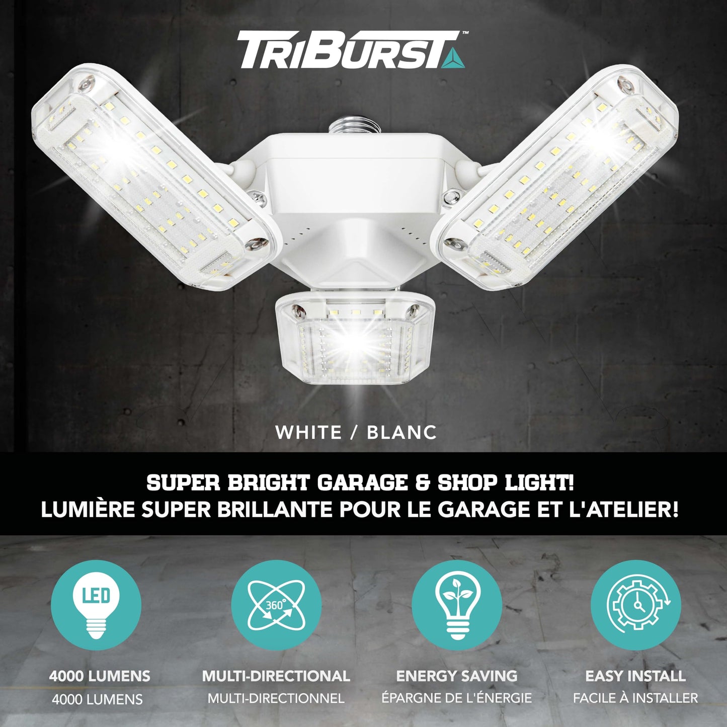 TRIBURST SHOPLIGHT PRO 360 LED Garage Lights - LED Light Bulb - Aluminum - 4000 Lumens & 40 Watts, 3 Brightness Mode, Adjustable Triple Panel
