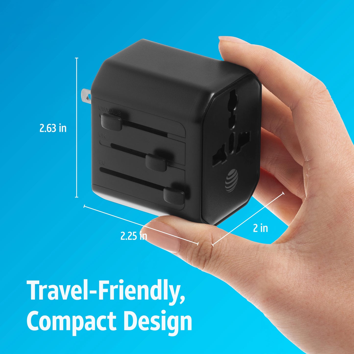 AT&T Professional 12W Universal Travel Adapter with Multi-Port USB-C and USB-A International Power Compatibility USA EU UK AUS Plug Options Black