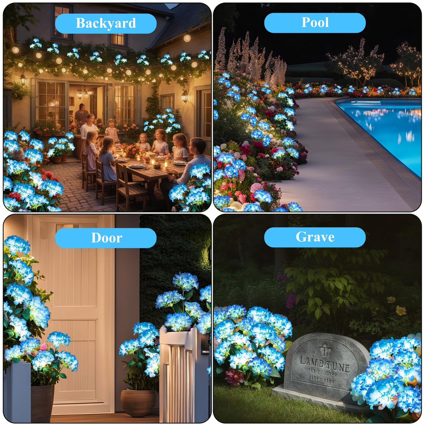 YAODEMA Garden Lights Solar Flower Light, LED Solar Powered Outdoor Light Decor for Path Yard Walkway Patio Balcony Lawn, Hydrangea Artificial Flower