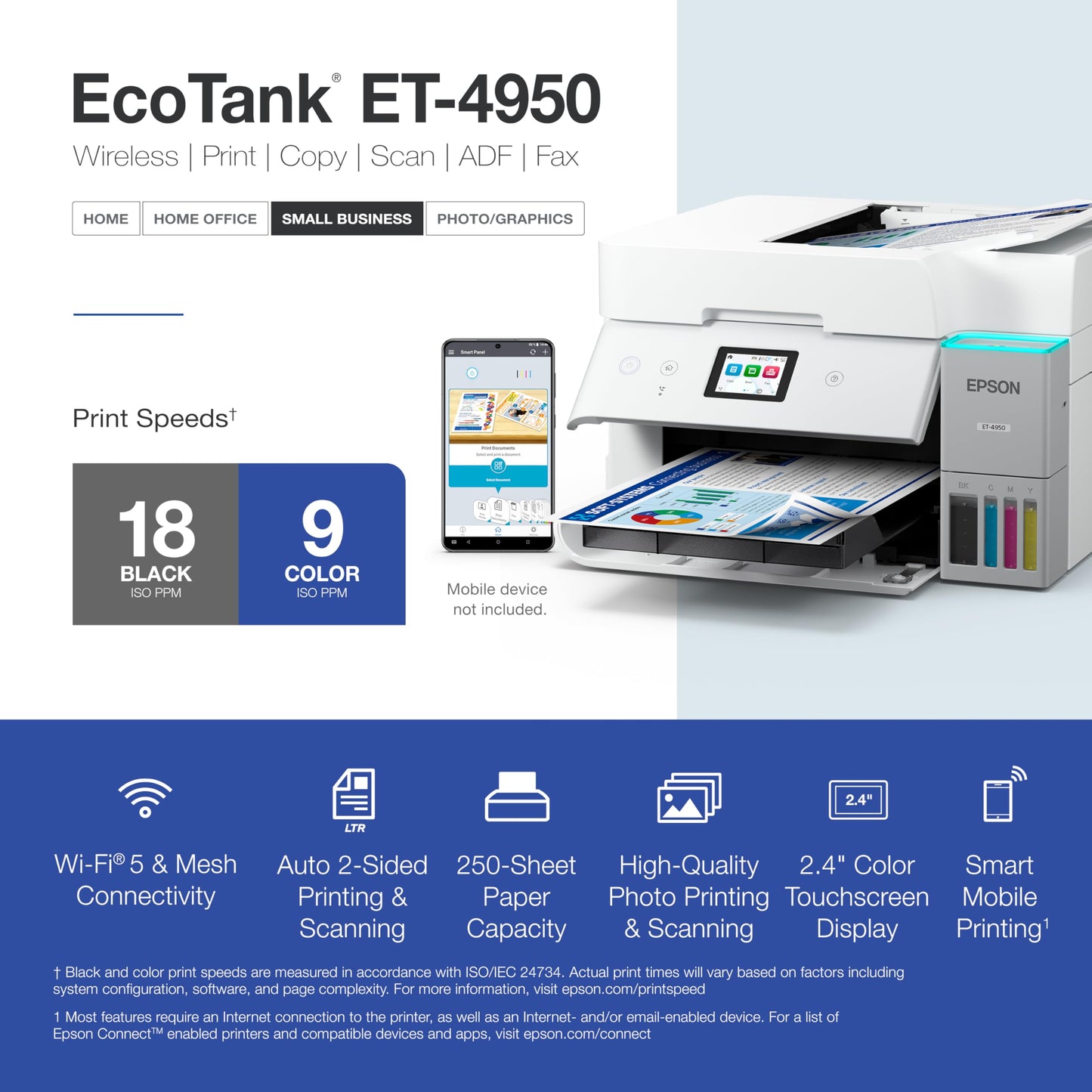 Epson EcoTank ET-4950 Wireless All-in-One Color Supertank Printer with up to 3 Years of Ink, Refillable Tanks, Perfect for Home, 18 PPM, 2.4" Color