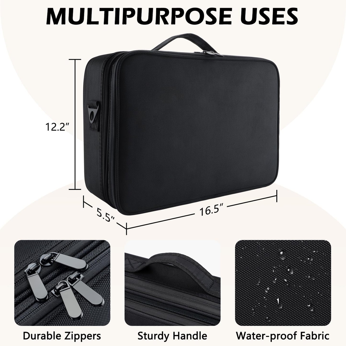 GCZC Large 16.5" Travel Makeup Train Case – Professional Cosmetic Organizer with Adjustable Dividers, Brush Storage & Shoulder Strap (Black)