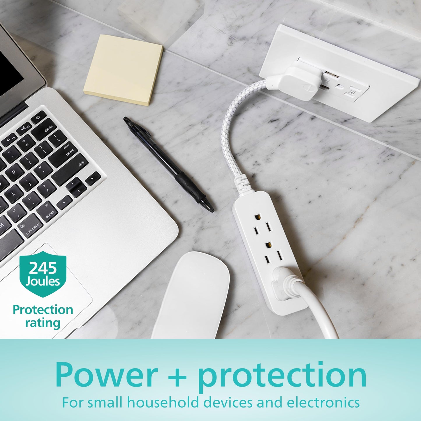 Philips 3-Outlet Grounded Mini Extension Cord with Surge Protection, 5 Inch Indoor Extension Cord, Flat Plug Power Strip, 245 Joules, Short Power