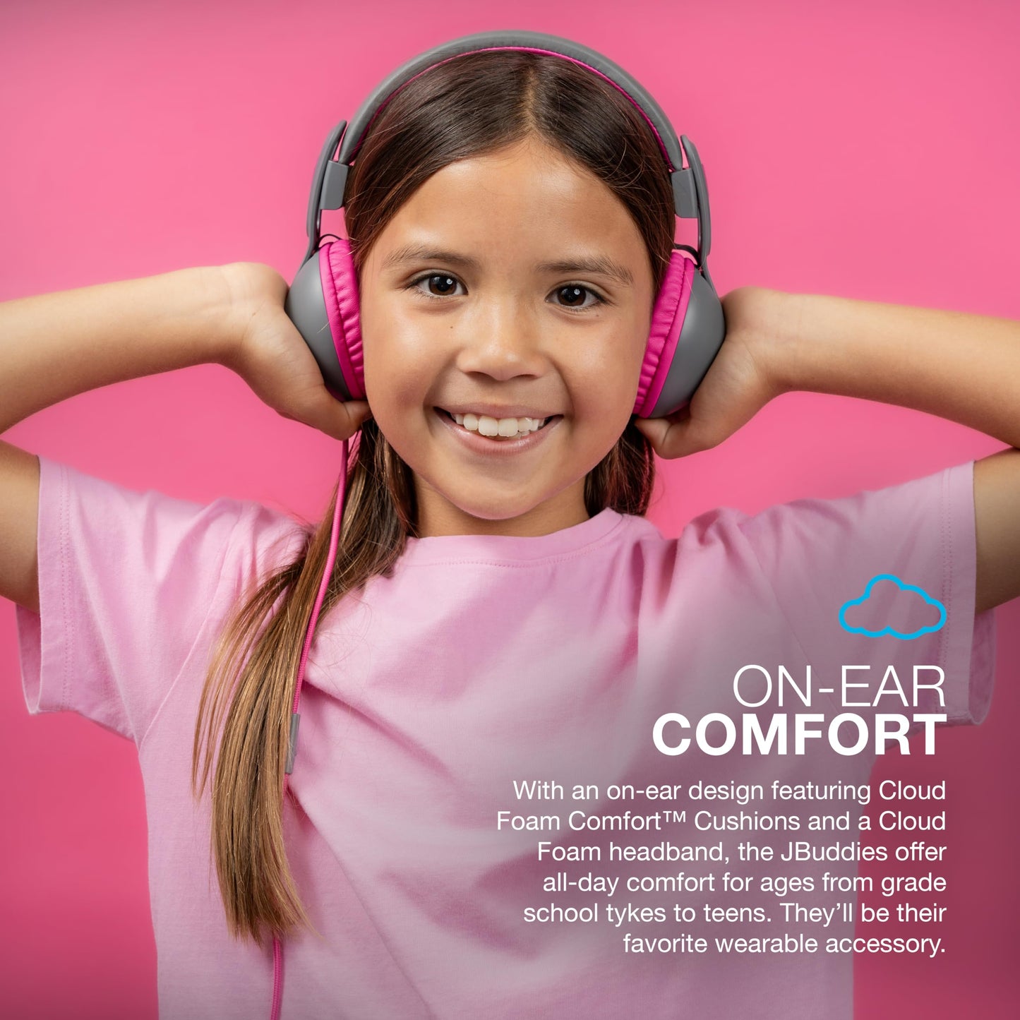 JLab JBuddies Studio 2 On-Ear Kids Wired Headphones, Grey/Pink, Toddler Headphones, Kid Safe, Studio Volume Safe, Volume Limiter, Folding, Adjustable