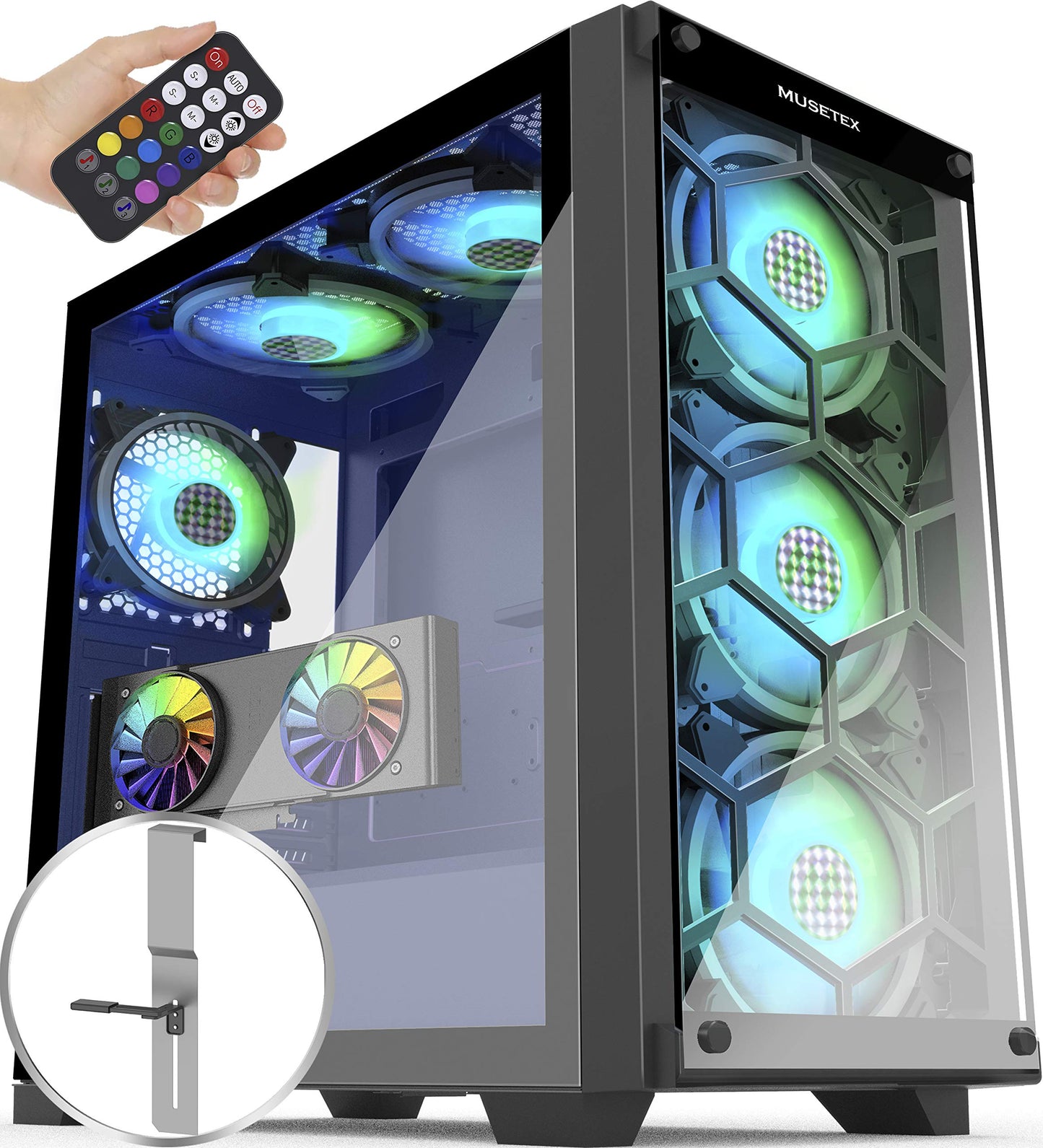 MUSETEX 5×140mm & 1×120mm ARGB Fans Voice Remote Control Mid-Tower Case with 2 PCS x USB 3.0 Ports Tempered Glass Panels PC Gaming Case Computer