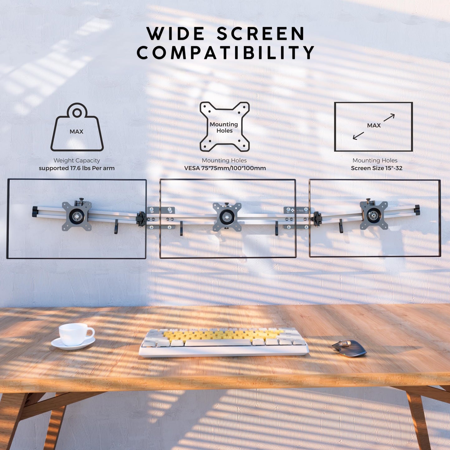 X-ROB Triple Monitor Wall Mount - Premium Aluminum 3 Arm Bracket for 15-32 Inch Screens, Dual Wall Anchors for Maximum Stability, Full Motion