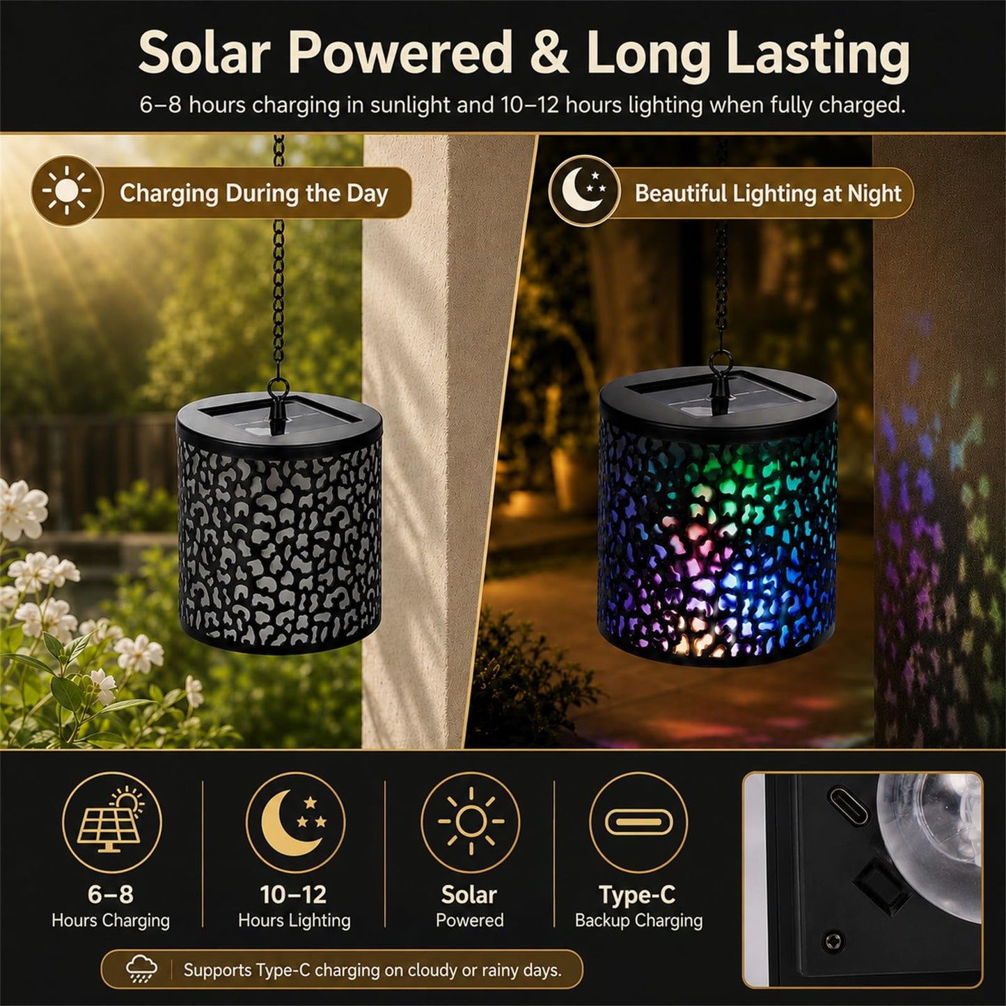Hanging Solar Lights Outdoor Waterproof: RGB Hanging Lights with S Hooks Decor Iron Art Outdoor Solar Lantern in Garden, Pathway,Yard, Front Door