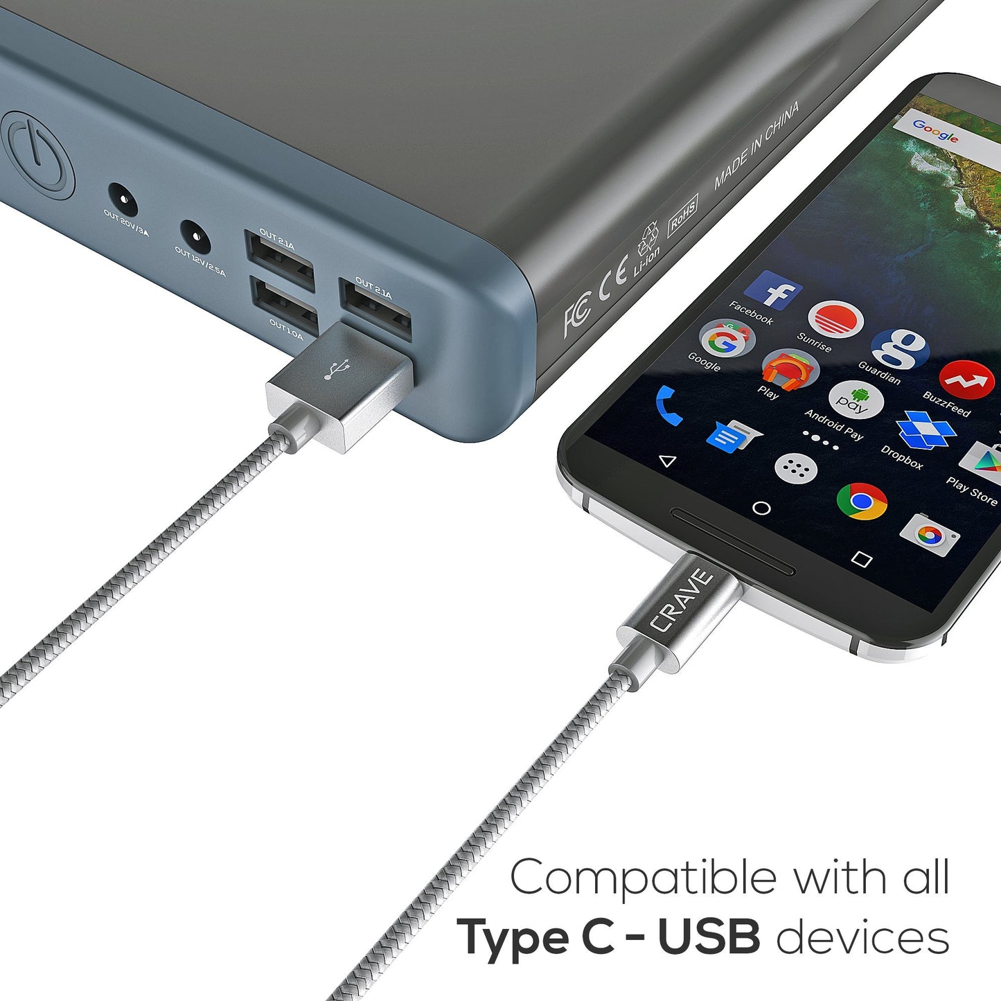 Crave Type C Cable, USB-A to USB-C Cable Premium Nylon Braided Cable, 3 Feet - Silver