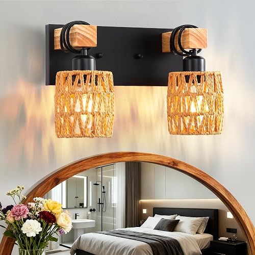 2-Light Boho Bathroom Vanity Light Fixture, Handwoven Rattan Wall Sconce with Solid Wood Arm, Farmhouse Wicker Bathroom Lighting Over Mirror, E26 Wall