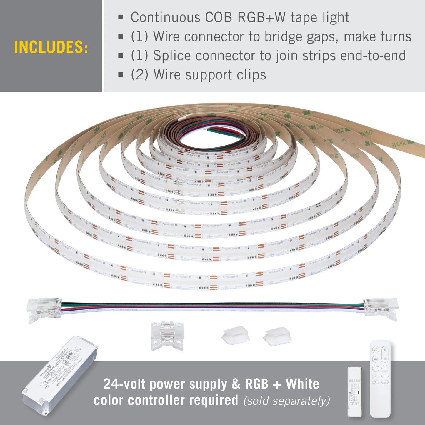 Armacost Lighting RibbonFlex Pro 24V COB LED Strip Light Tape RGB+W, 300 Lumens/Ft, 5M 177720
