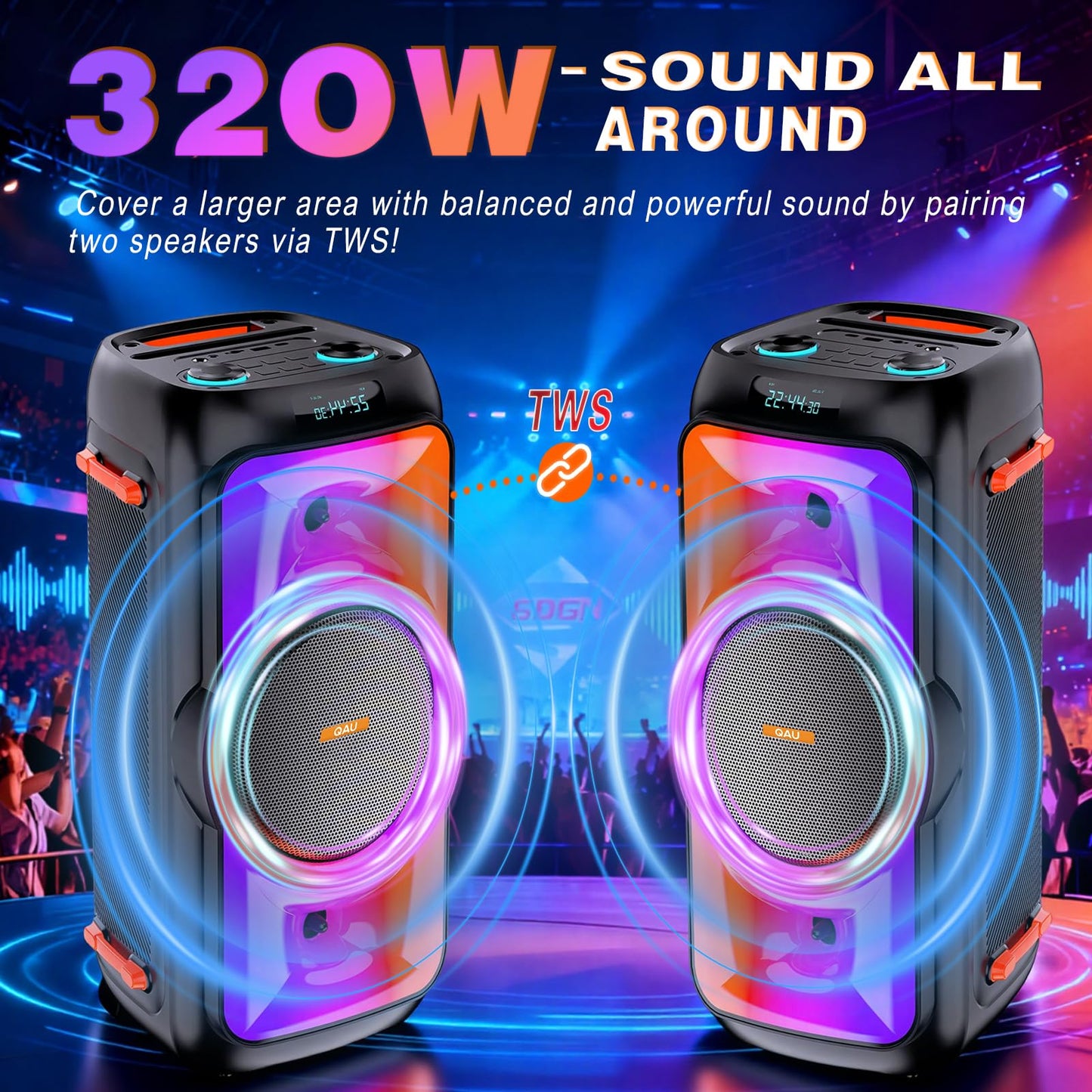 QAU Bluetooth Speaker 160W Peak Large Stero Sound for Outdoor,Deep Bass,TWS,Loud with Lights,Portabe Wireless Big Speakers with Long
