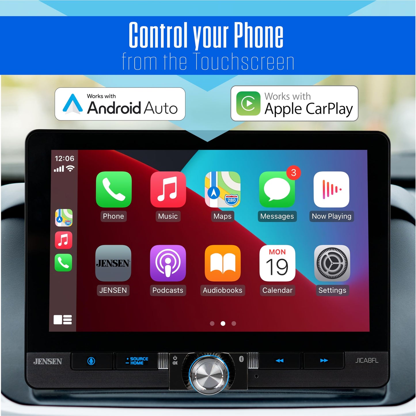 JENSEN J1CA8FL-BUC 8-inch Certified Apple CarPlay Android Auto Wired or Wireless | Single DIN and Double DIN Touchscreen Car Stereo Radio | Bluetooth