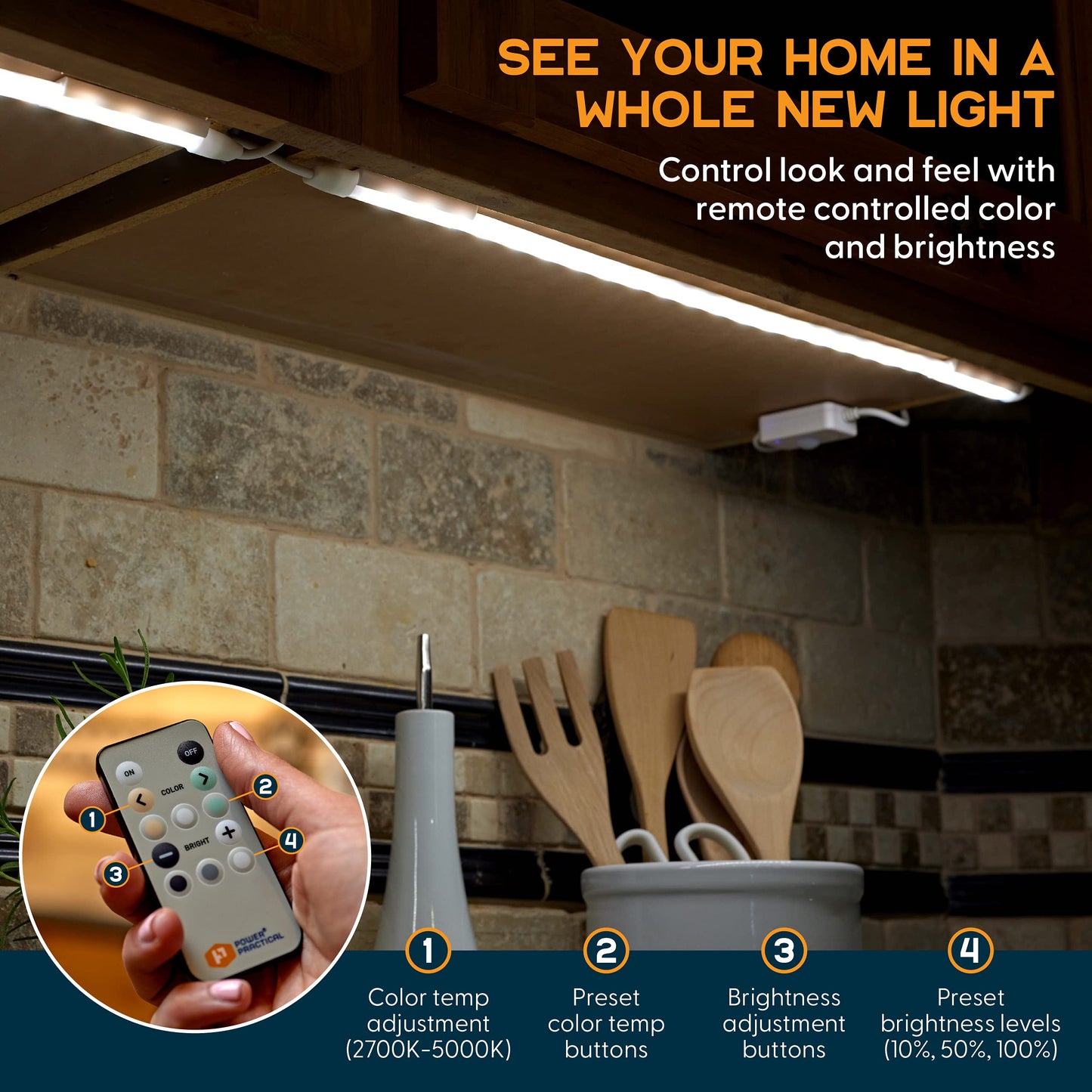 Power Practical Under Cabinet LED Light Kit for Kitchen - 6 Lighting Strips, Power Supply, Motion Sensor, Mounting Brackets for Lights, Manual