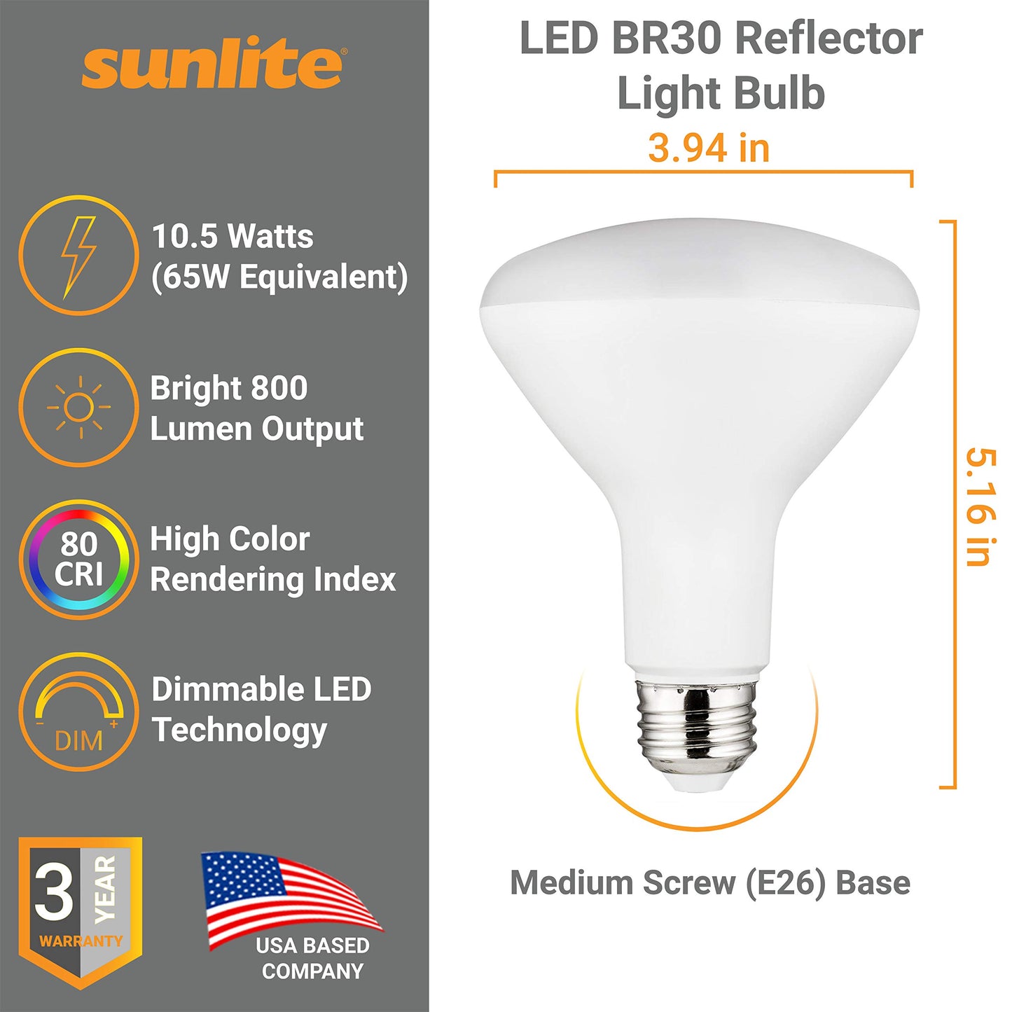 Sunlite 41177 LED BR30 Recessed Light Bulb, 10.5 Watt (65w Equivalent), 800 Lumens, Medium E26 Base, Dimmable Flood, UL Listed, 4000K Cool White, 6