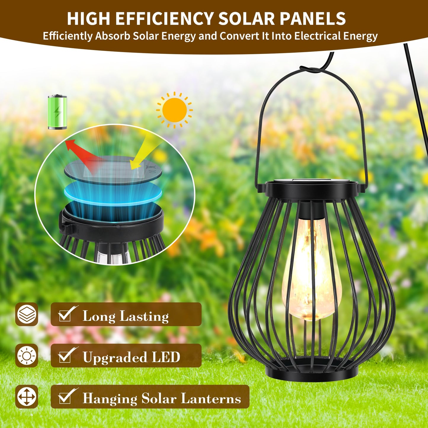 HPC Decor Outdoor Solar Lantern, 2PK Hanging Solar Powered Metal Light with Handle, Waterproof Wireless Warm Retro Bulb Design Lamp for Yard Garden