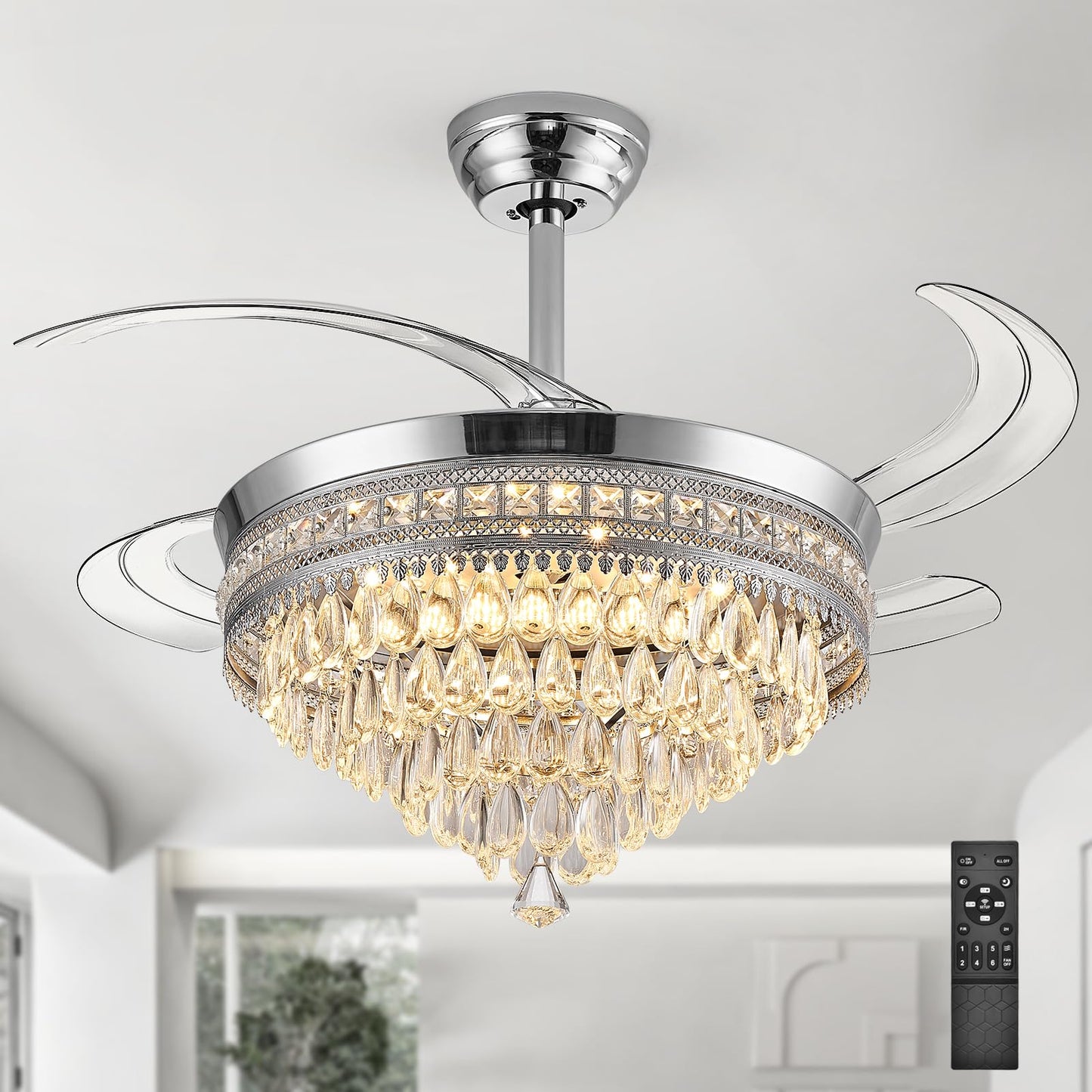 Baotree 42''Fandelier Ceiling Fan with Light and Bluetooth Speaker, Crystal Fandelier Ceiling Fan for Bedroom Living Room, Dimmable LED, Remote