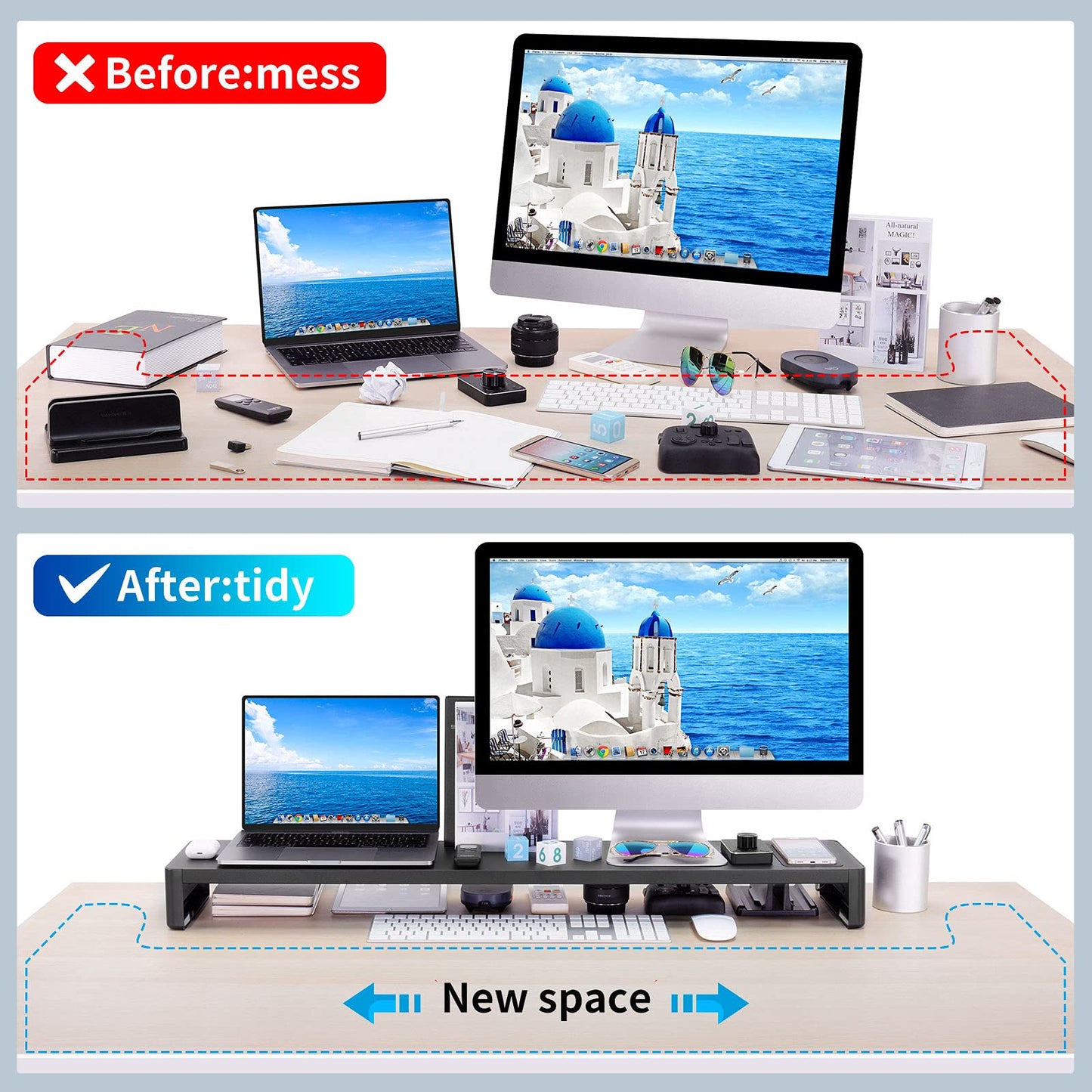 EAXBUX Dual Monitor Stand with Wireless Charging and 4 USB 3.0 Ports, Steel Monitor Stands for 2 Monitors, Metal Computer Stand Riser for Desk