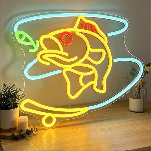 Neonawall Fishing Neon Sign - Dimmable LED Wall Art for Man Cave, USB-Powered Room Decor, Fishing Gifts for Men 15.7 x 12.8 inch