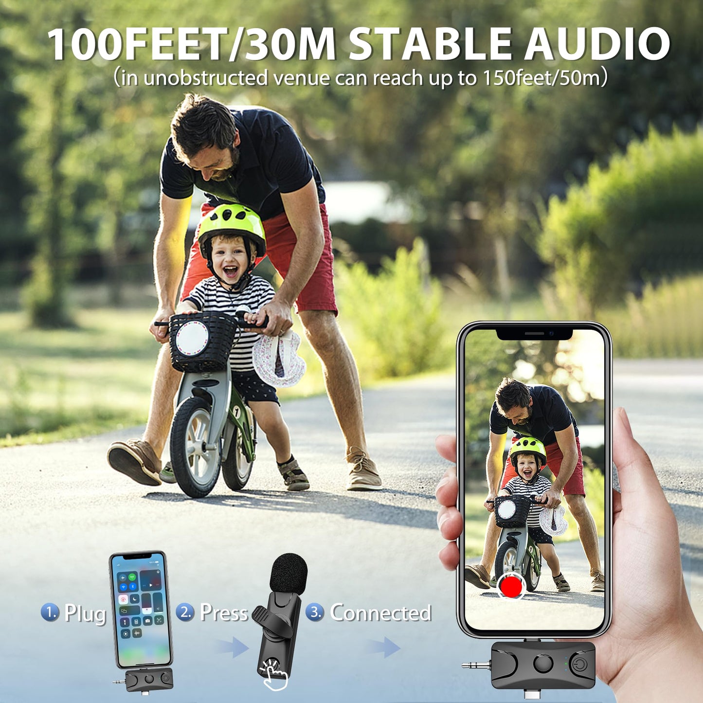 Wireless Lavalier Microphone for iPhone Android: Mini Lapel Mic with Intelligent Noise Cancelling, 48kHz/16bit, 100ft Range, for Camera, PC, Laptop
