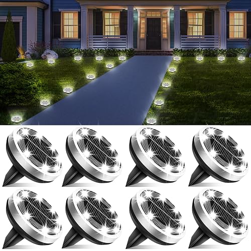 Solar Lights Outdoor Waterproof, 8 Pack 8 LED, Thickened Stainless Steel Ground Light, Solar Garden Lights Landscape Lighting for Patio Pathway Lawn