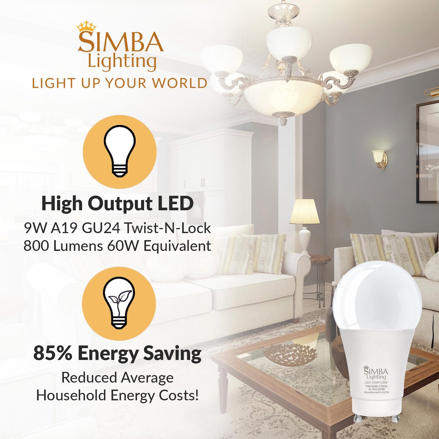 Simba Lighting LED GU24 A19 9W 120V Bulb Twist and Lock Base, 2700K, 4 Pack