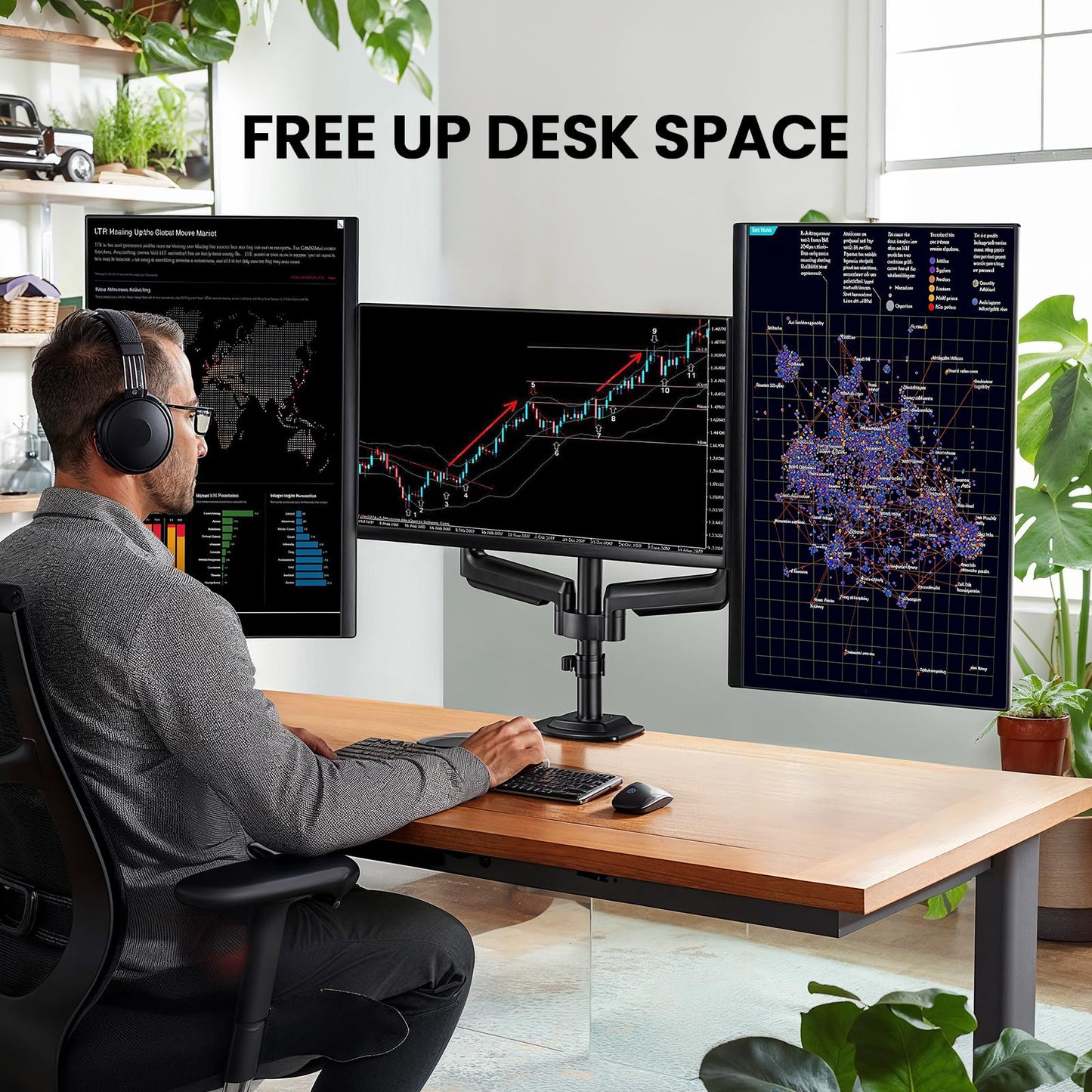 ErGear Triple Monitor Mount for 13-27 inch Screens, Premium Aluminum Triple Monitors Stand up to 17.6 lbs, Sturdy 3 Monitor Desk Mount with Swivel