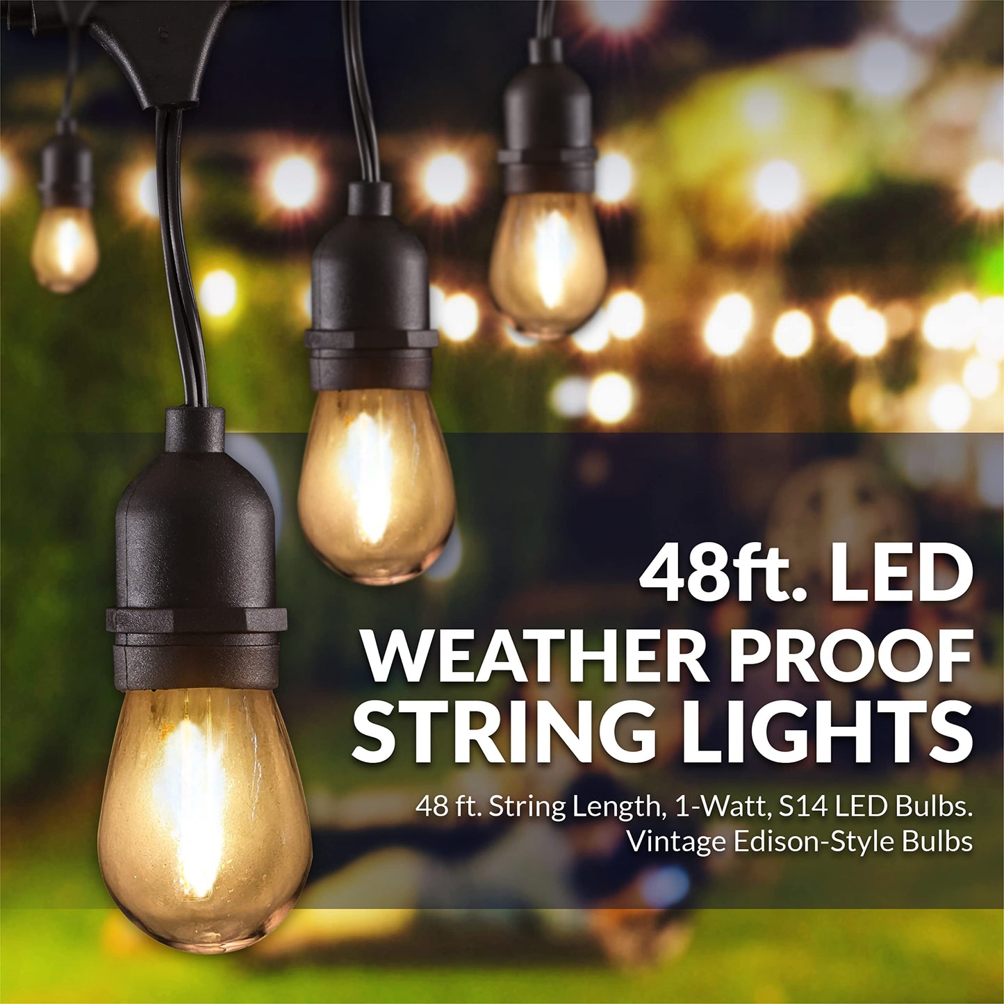 Newhouse Lighting LED String Lights with Weatherproof Technology, Dimmable with Wireless Remote Control, 48ft and 16 (15+1 Free) LED Light Bulbs