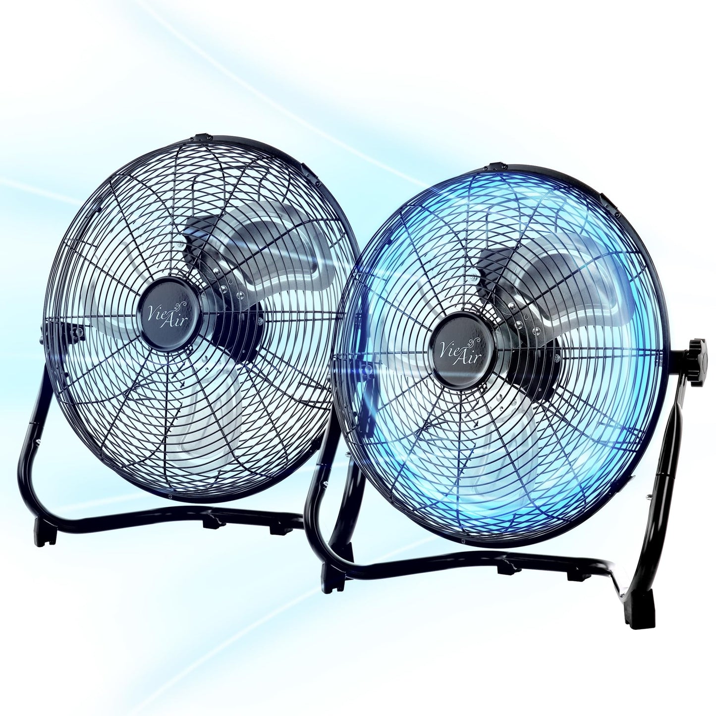 Vie Air 20 Inch Twin Pack Industrial Tilting High Velocity 3 Speed Metal Floor Fan, Black