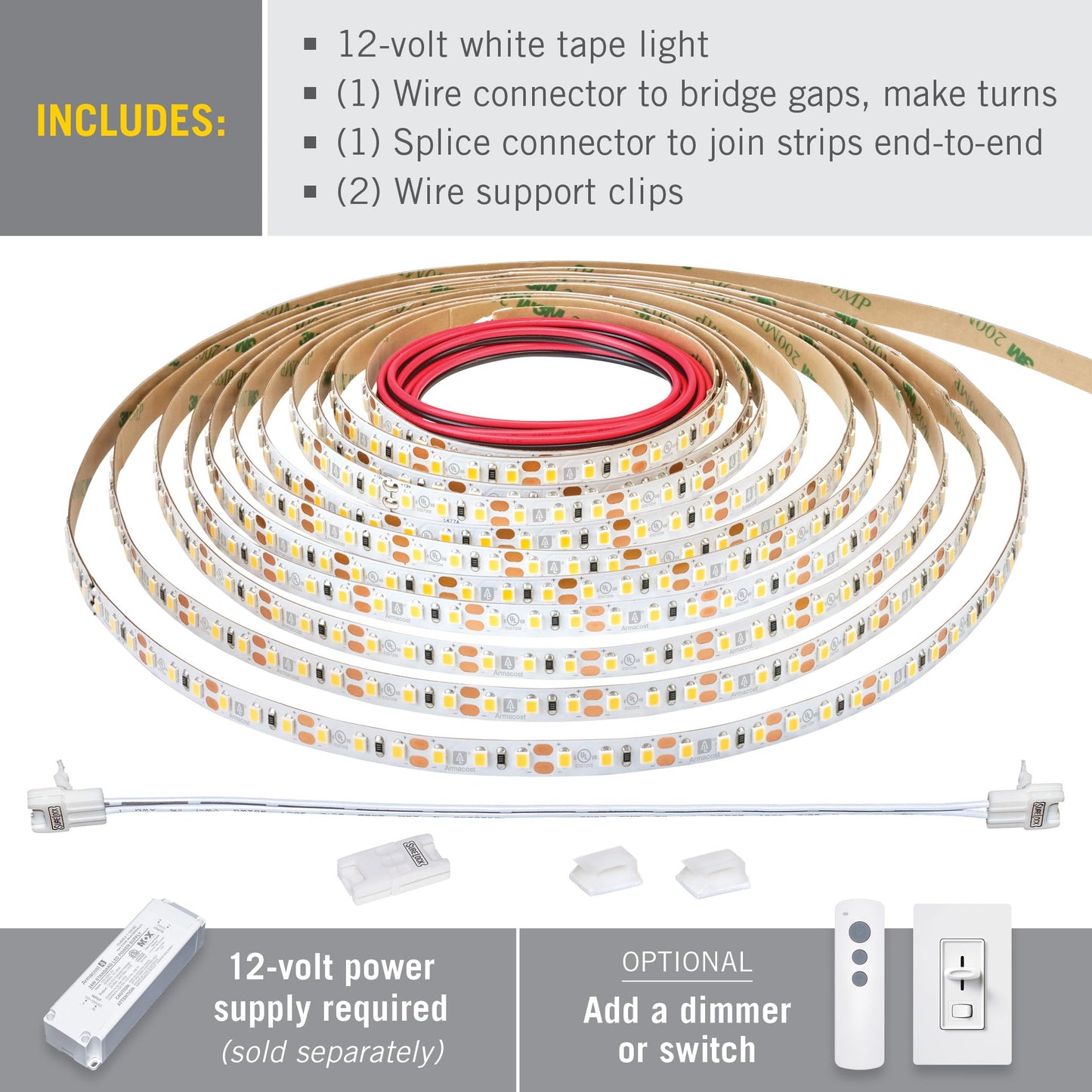 Armacost Lighting RibbonFlex Pro 12V White LED Strip Lights 120 LED/m, 4000K, 16.4 ft 153230