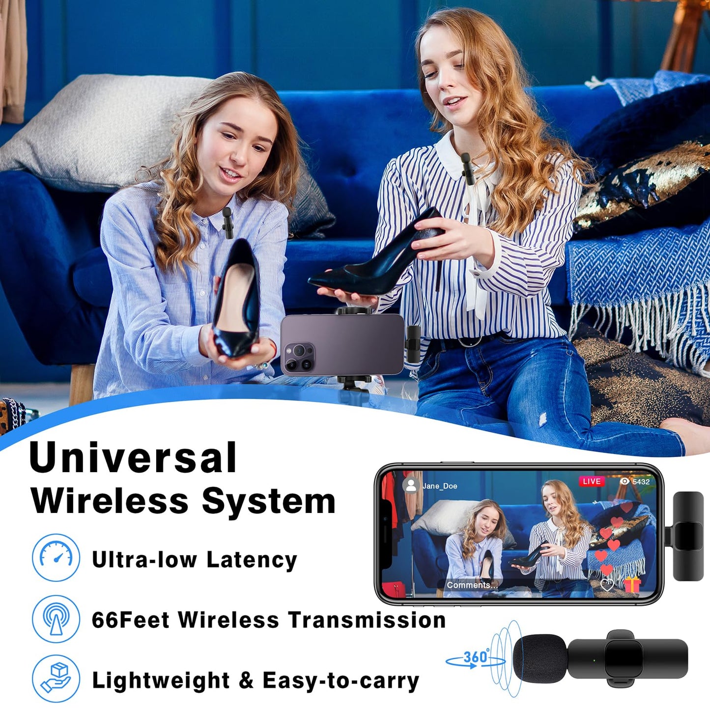 Professional Wireless Lavalier Lapel Microphone for iPhone, iPad, Cordless Omnidirectional Condenser Recording Mic for Video Recording, Live