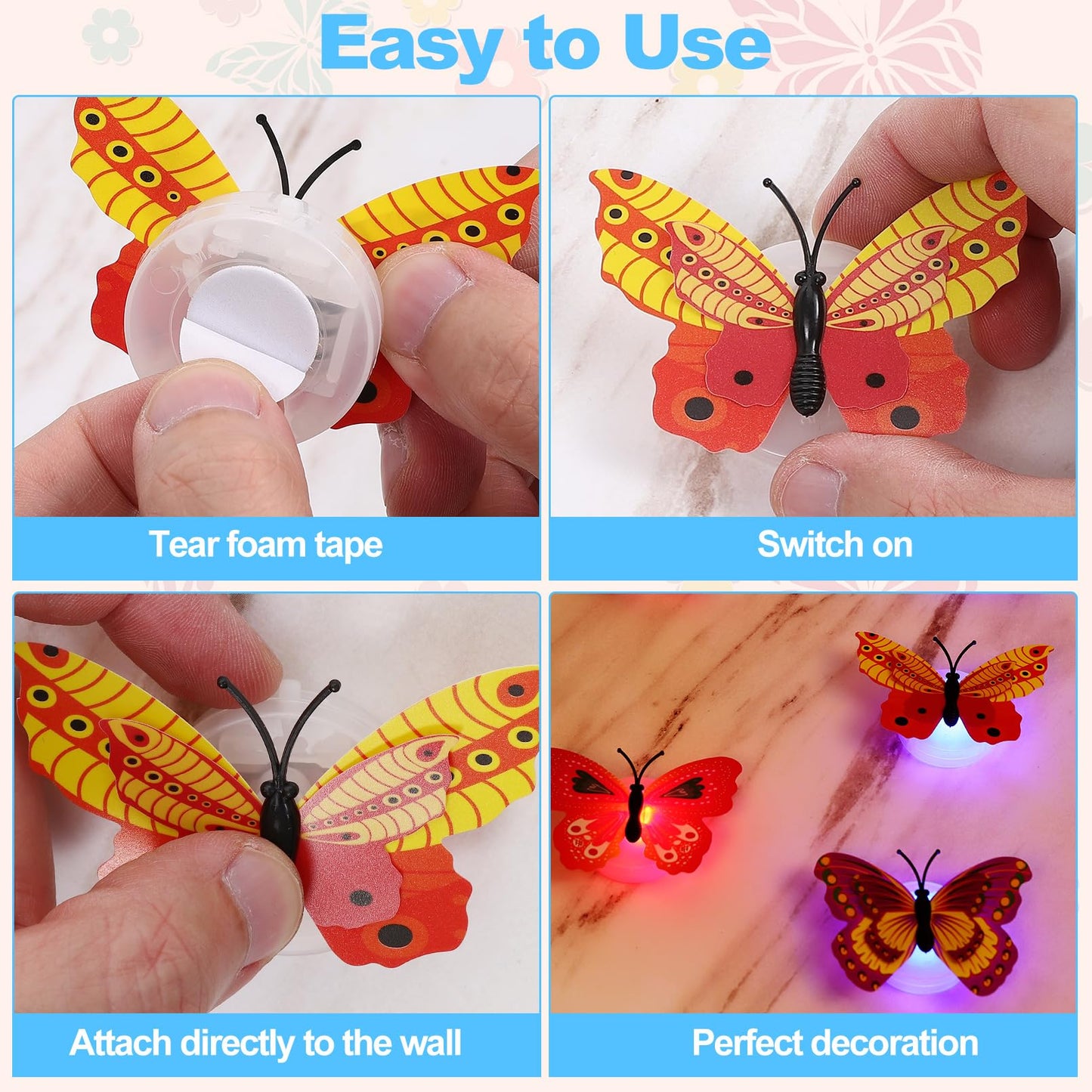 Blcculi 48 Pcs 3D LED Butterfly Decoration - Night Light Sticker Butterflies, Wall Light for Bedroom, Garden, Backyard, Lawn, Party