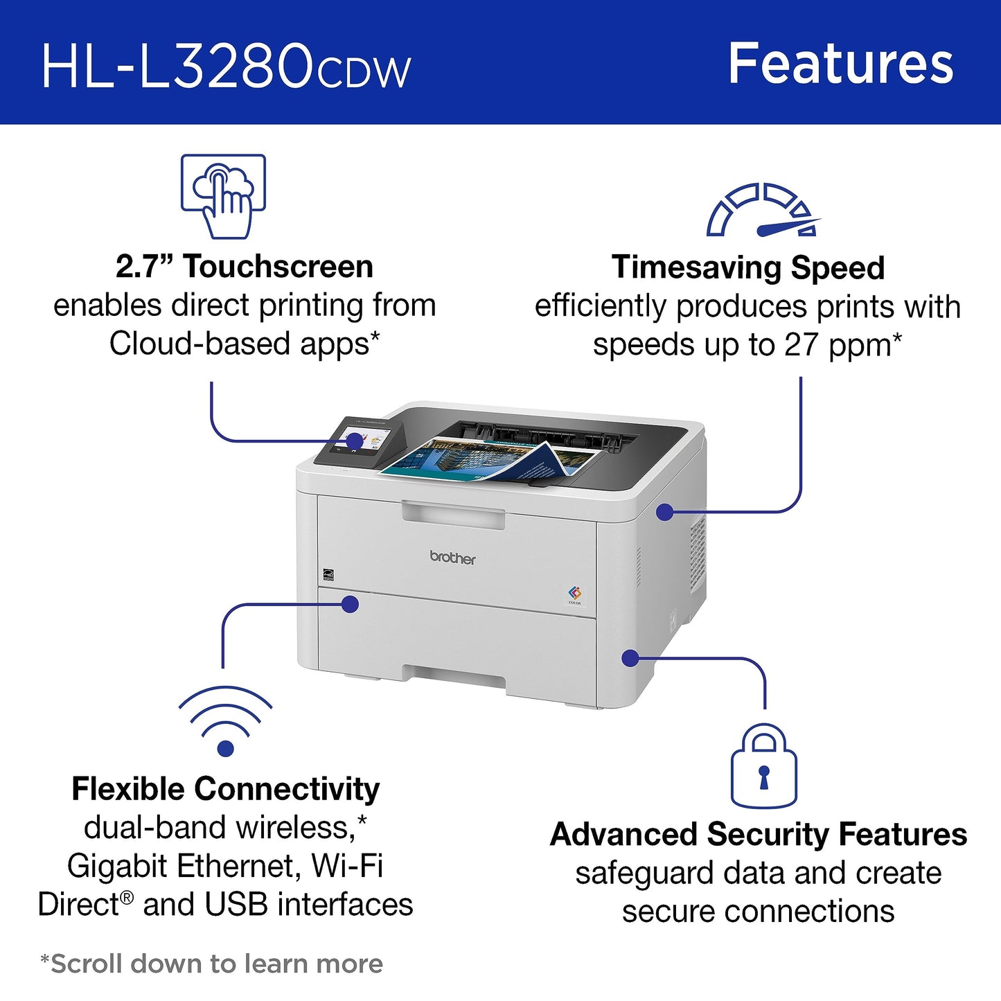 Brother HL-L3280CDW Wireless Compact Digital Color Printer with Laser Quality Output, Duplex, Mobile Printing & Ethernet | Includes 2 Month Refresh