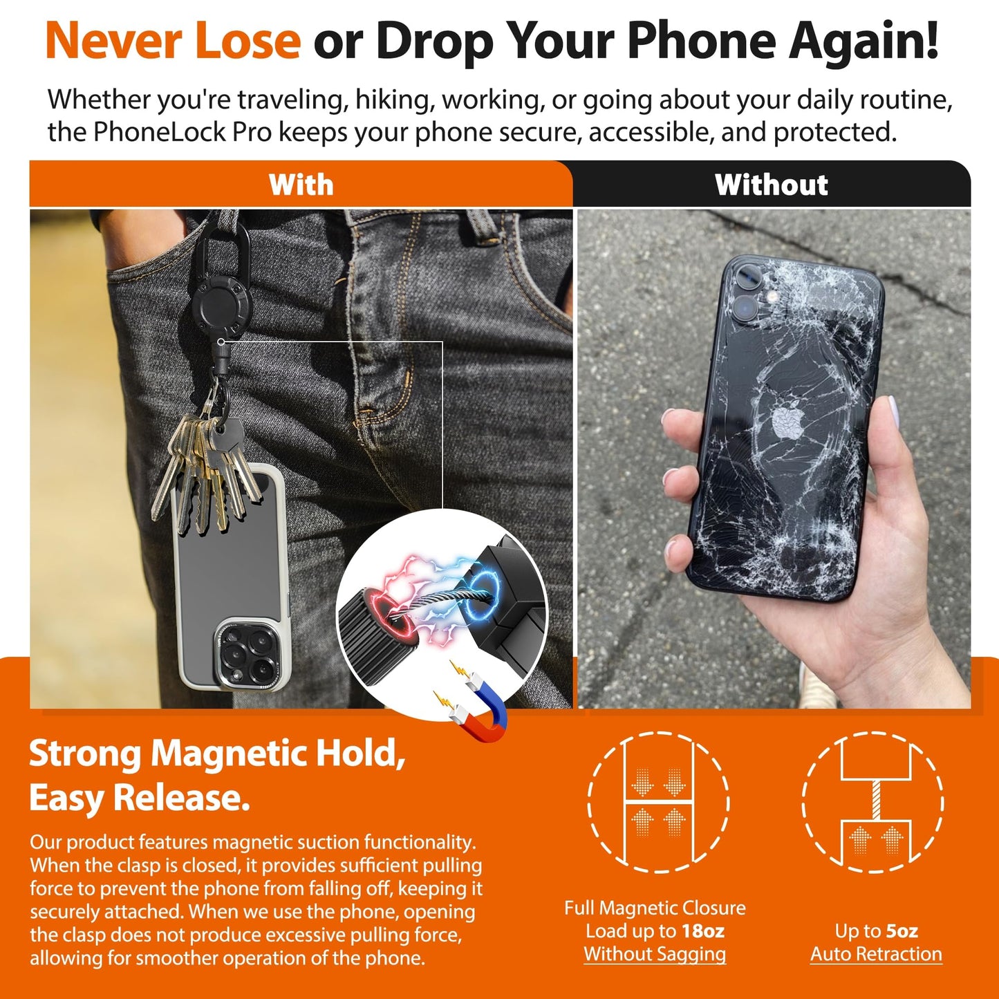 DINALLE Retractable Cell Phone Lanyard - Anti-Theft Phone Tether - Heavy Duty Carabiner Belt Clip, 27" Retractable Steel Line, Locking Magnetic