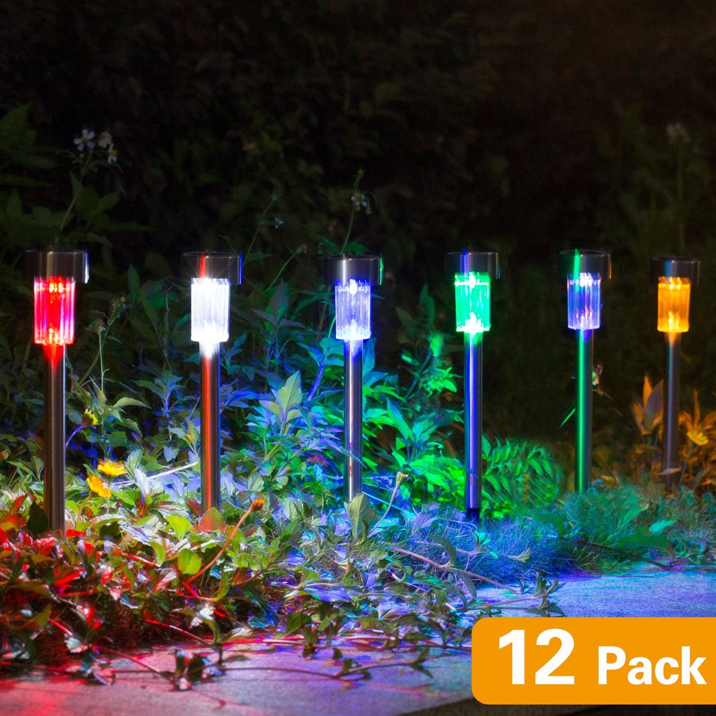 Wellgium Solar Lights Outdoor - Garden Landscape Pathway Lights for Lawn Patio - Stainless Steel, 12 Pack (6 Colors)