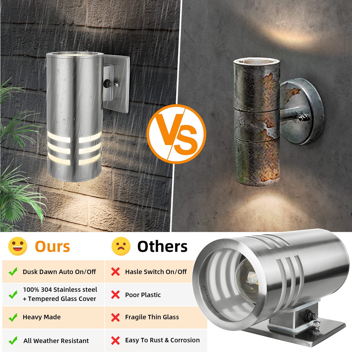 Outdoor Wall Lights, Exterior Dusk to Dawn Sensor Wall Lanterns, Stainless Steel Front Door Lights with E26 Base Socket, Anti-Rust Waterproof Up Down