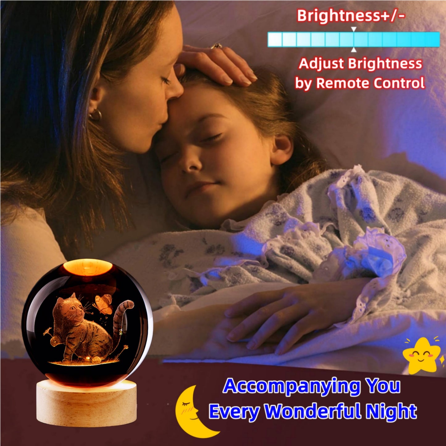 LMLOBEP Large Cat Crystal Ball Night Light with Wooden Base, 3D Cat Crystal Lamp, 16 Color Changing, Remote Control, Laser Engraved Glass Ball Lamp