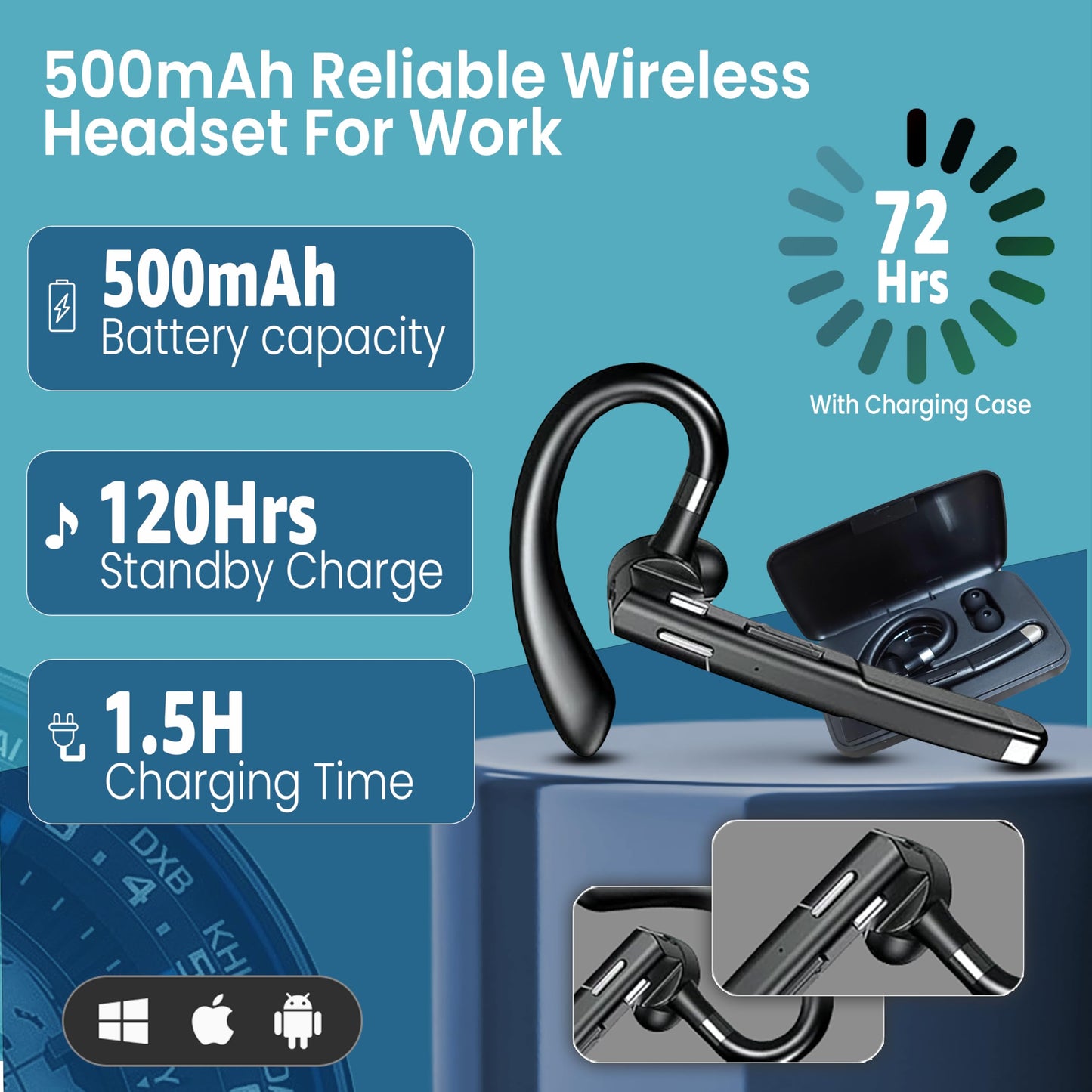 Wireless Bluetooth Headset with Mic, Noise-Cancelling Earpiece with 500mAh Charging Case - Up to 72H Talk Time - Clear HD Sound for Truck Drivers
